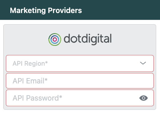 agnoStack Marketing Providers with Dotdigital and the API Region, API Email and API Password fields