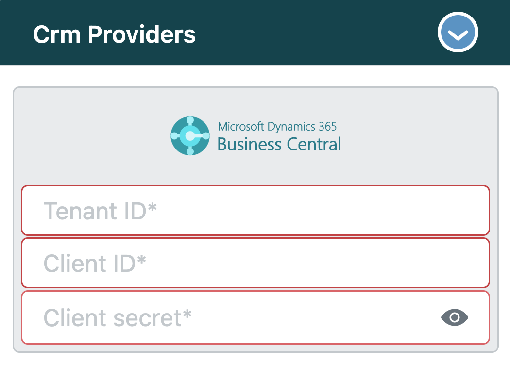 agnoStack CRM Providers with the Business Central Tenant ID, Client ID and Client secret fields