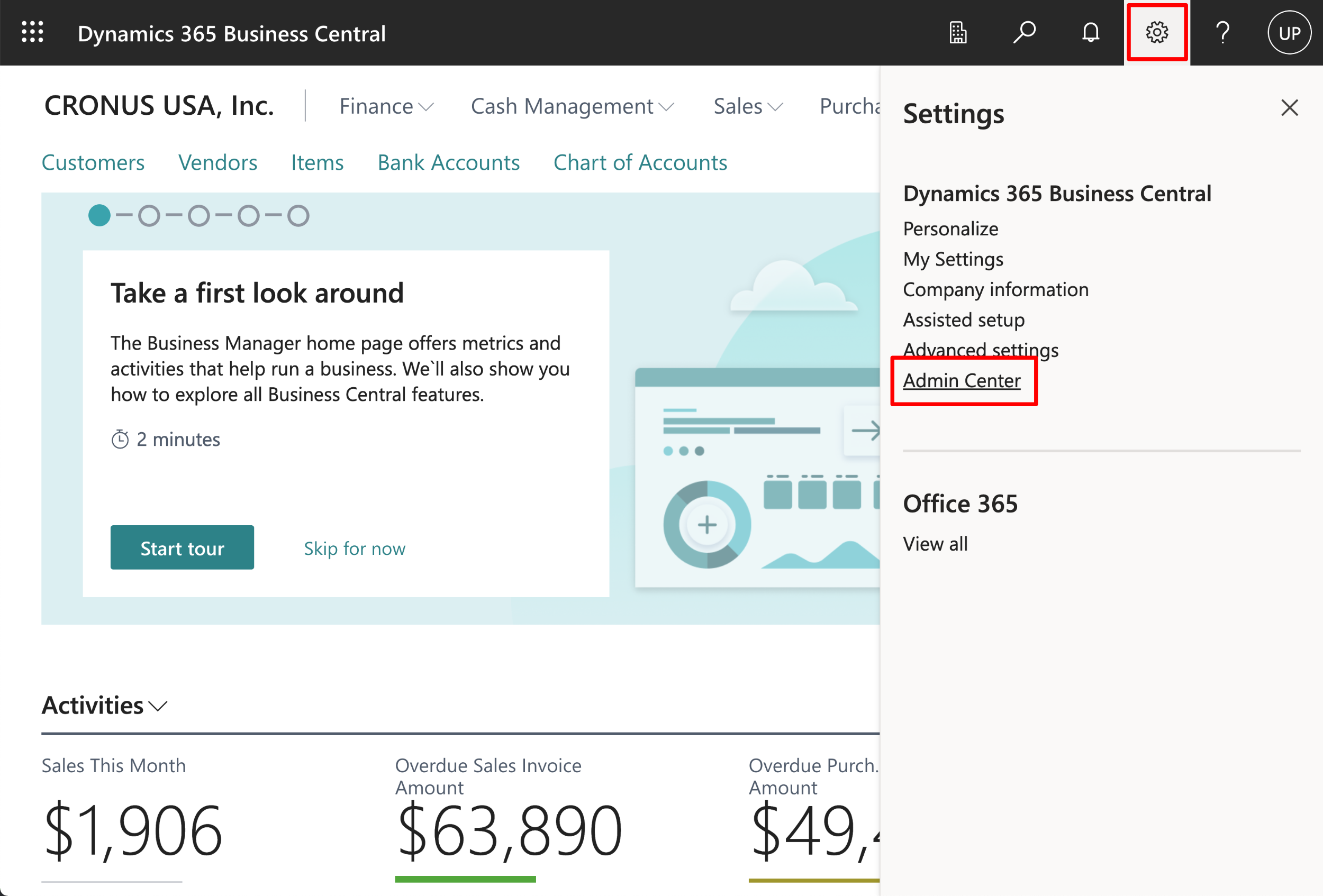 Business Central settings menu with Admin Center