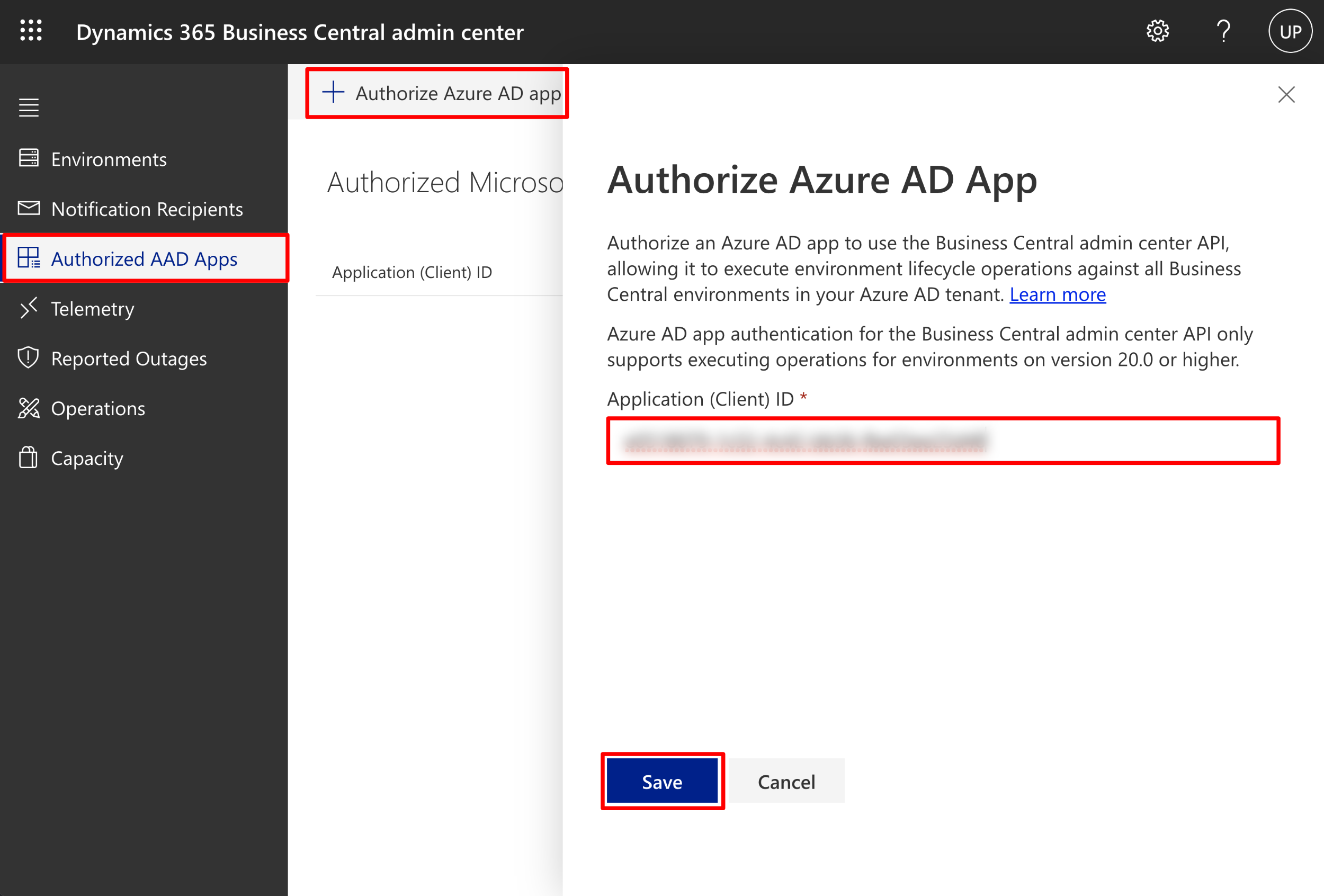 Business Central Admin Center authorizing an Azure AD app