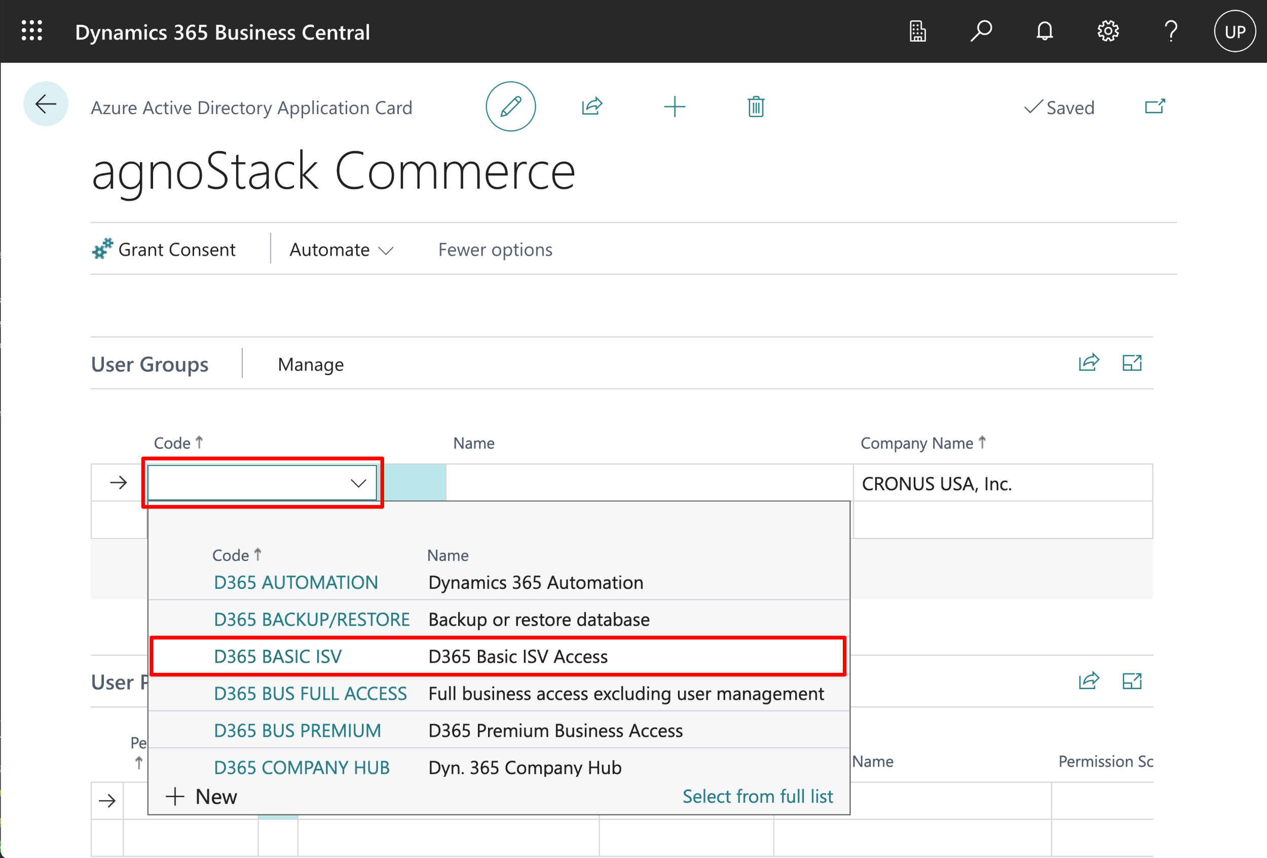 Business Central permission list with D365 BASIC ISV