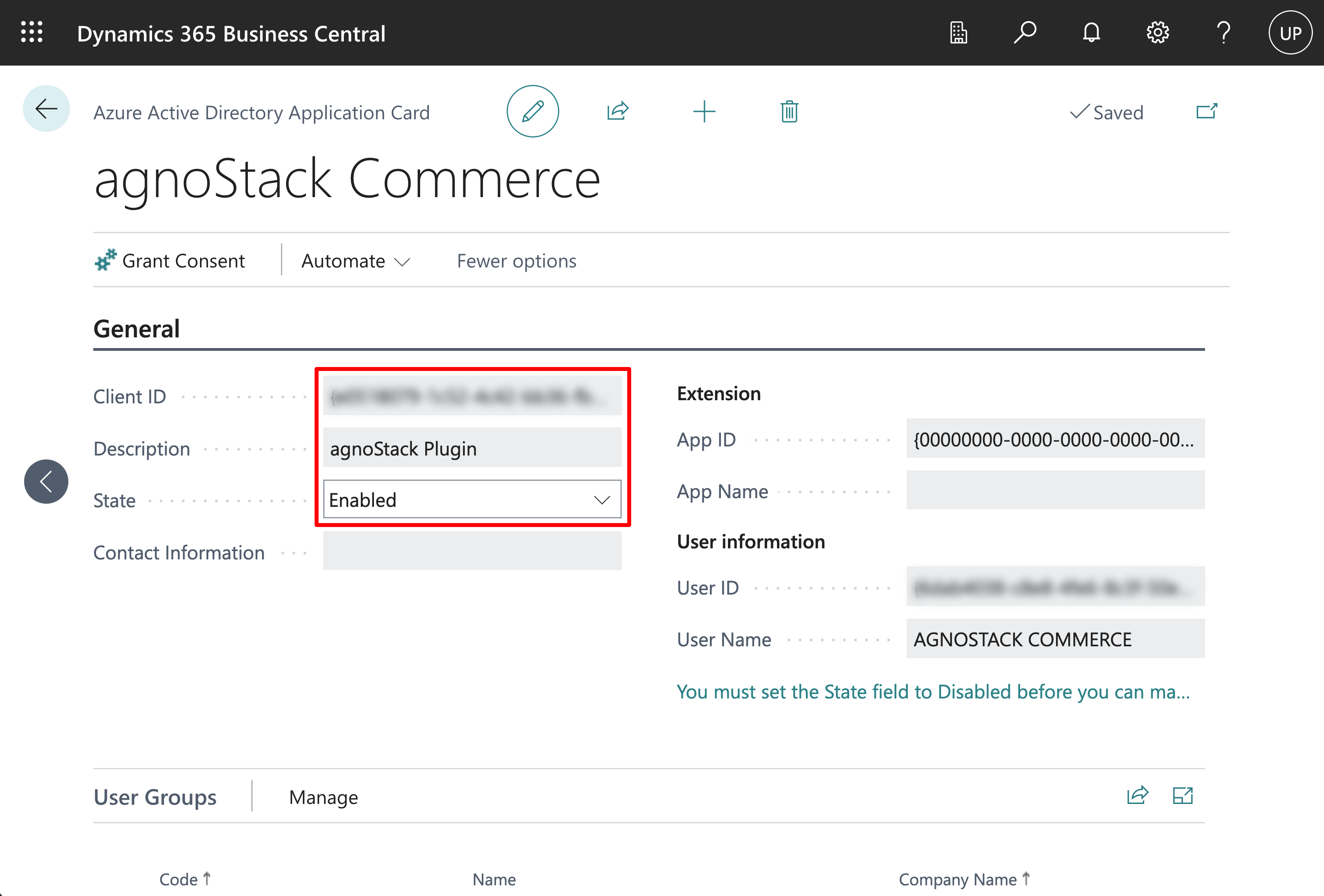 Business Central Azure Active Directory Application Card