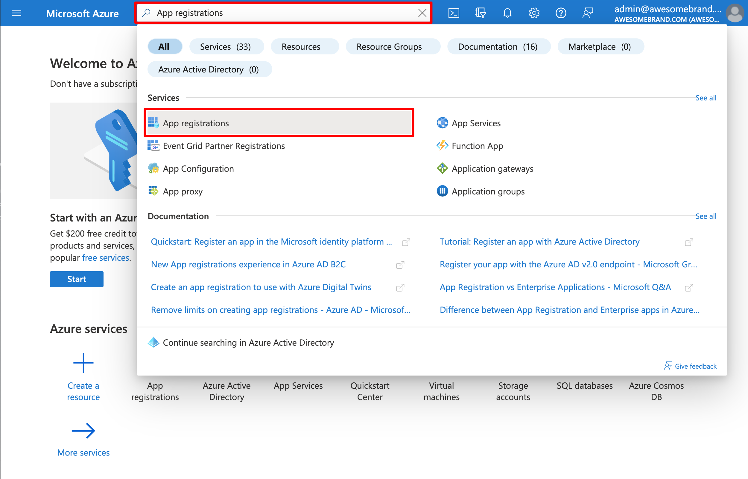 Azure portal search showing App registrations