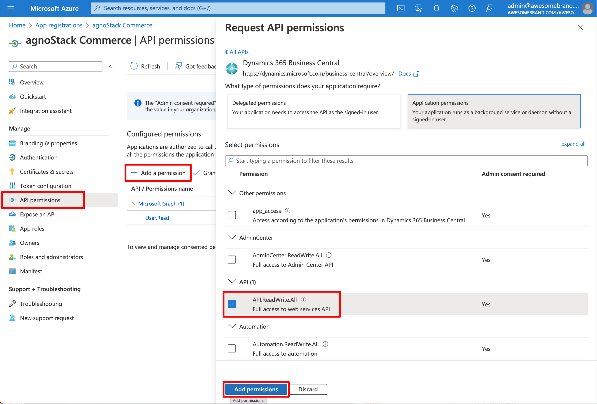 Azure Request API permissions with API.ReadWrite.All selected