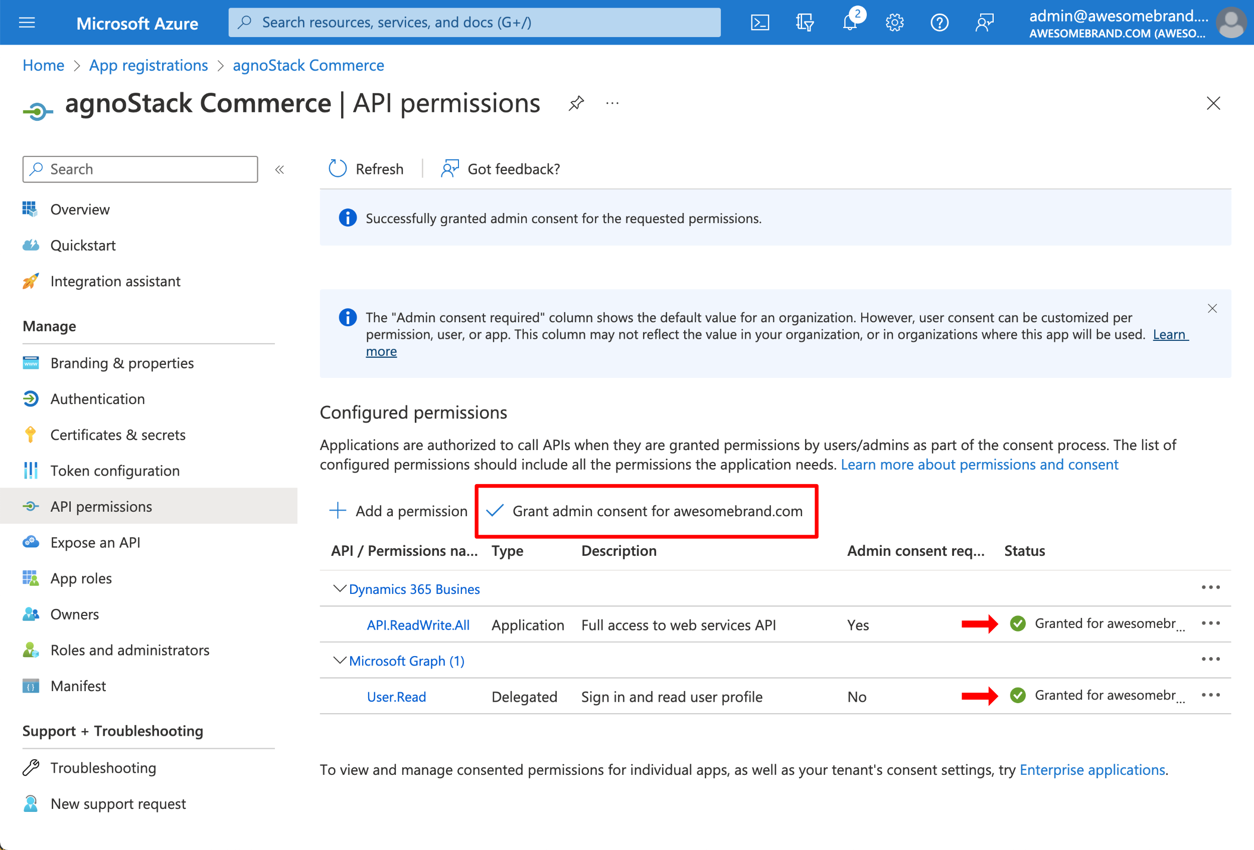 Azure API permissions with Grant admin consent