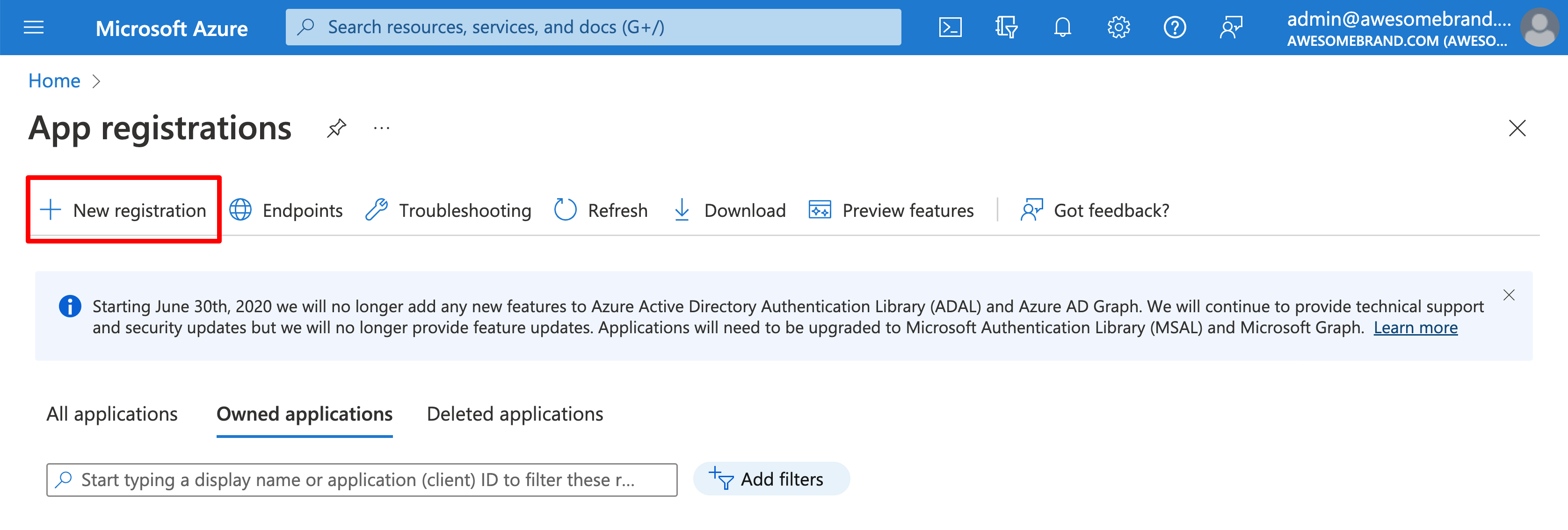 Azure App registrations with the New registration button
