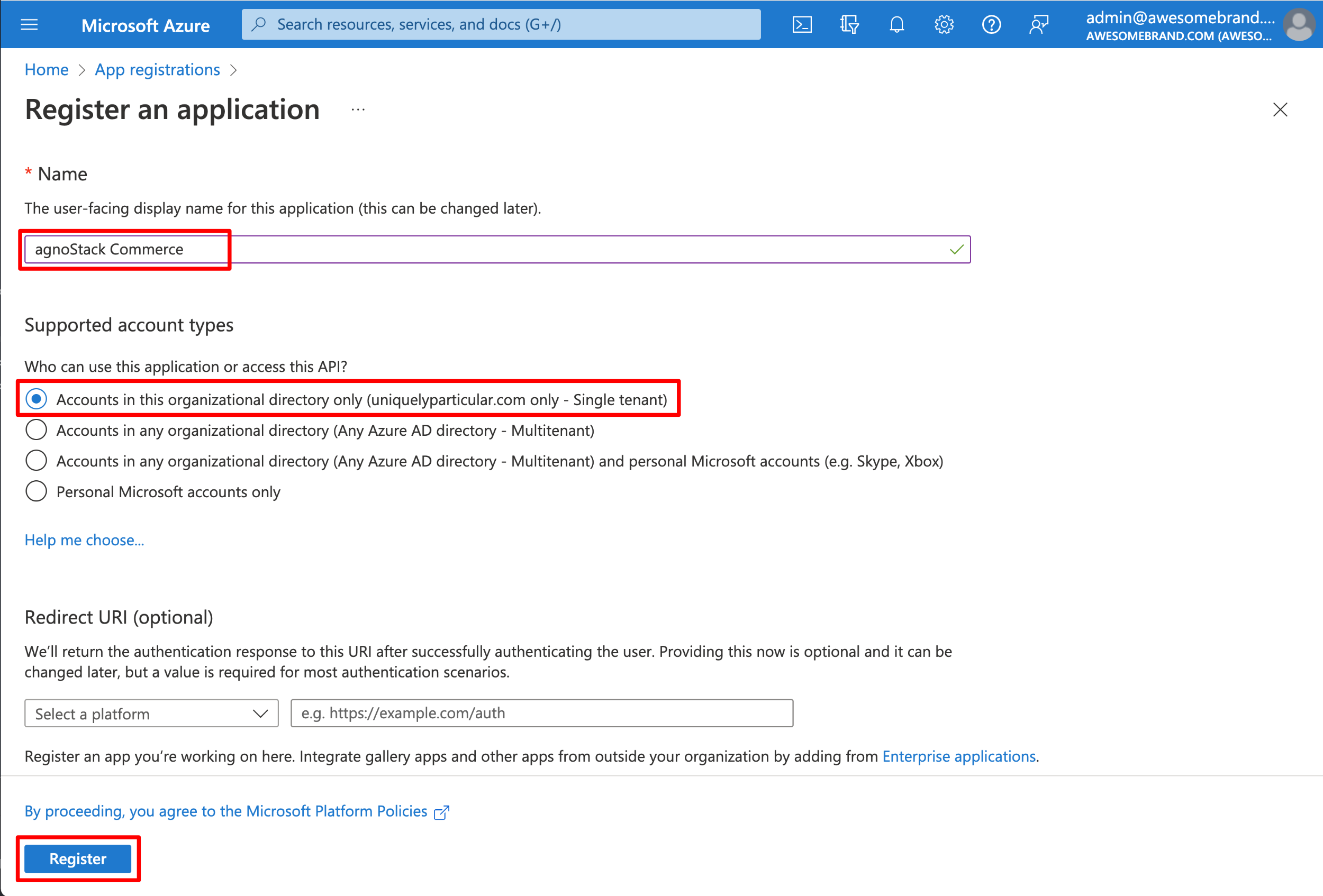 Azure Register an application form