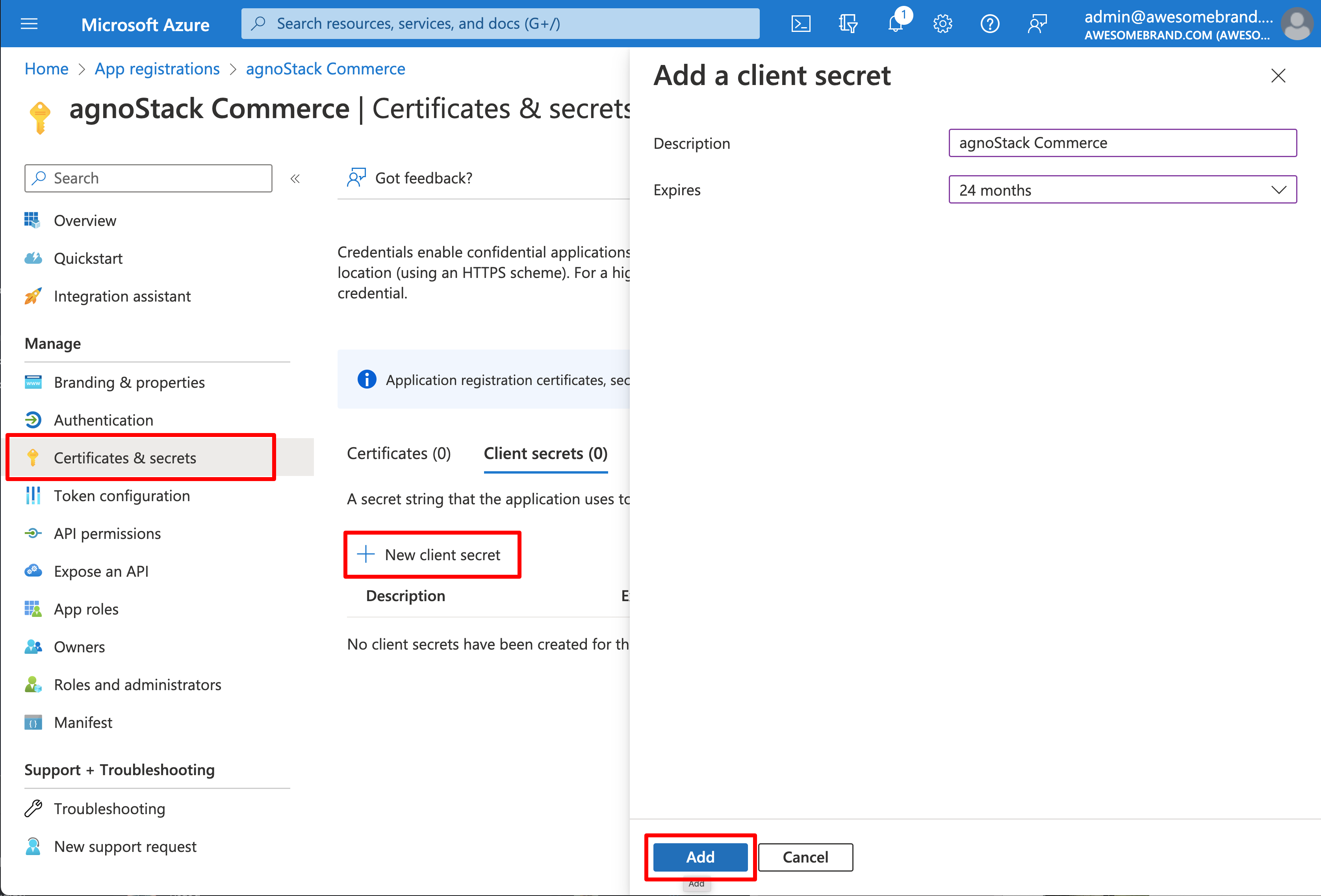 Azure Add a client secret panel