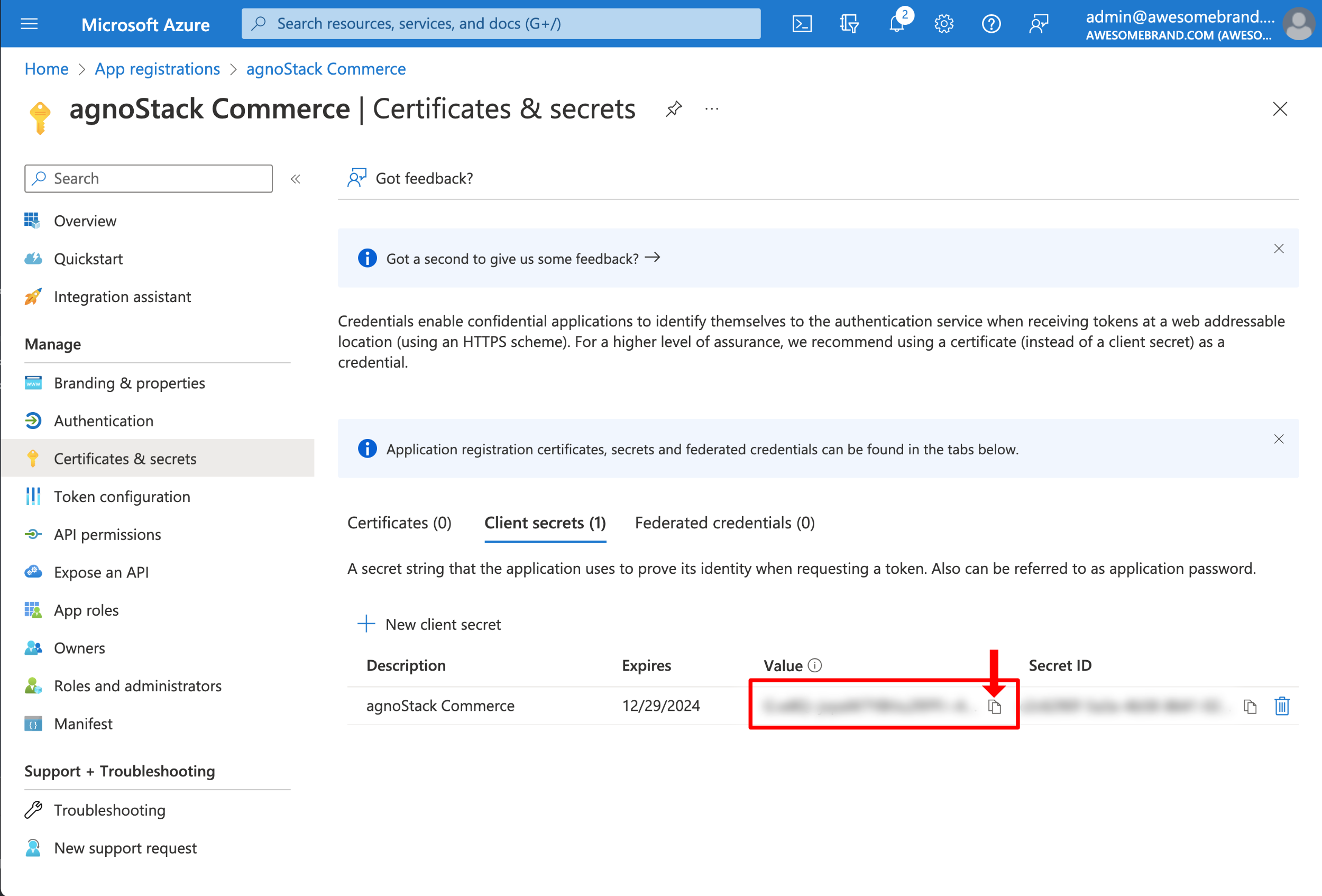 Azure Certificates and secrets with the new client secret value