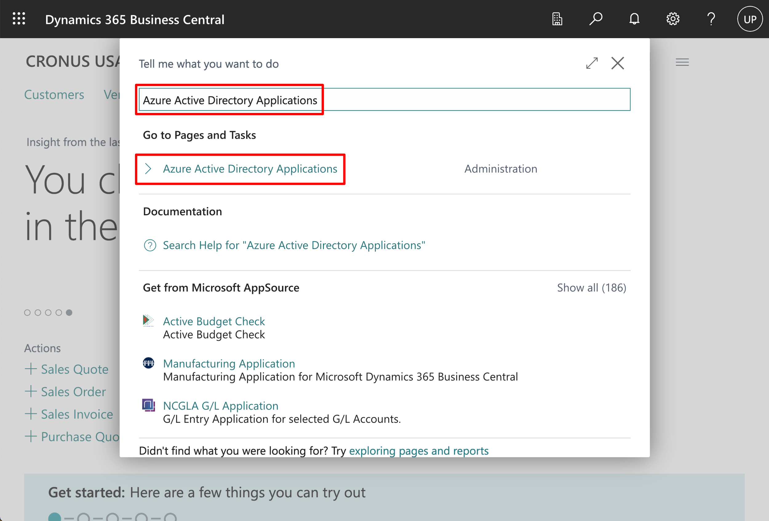 Business Central search results for Azure Active Directory Applications