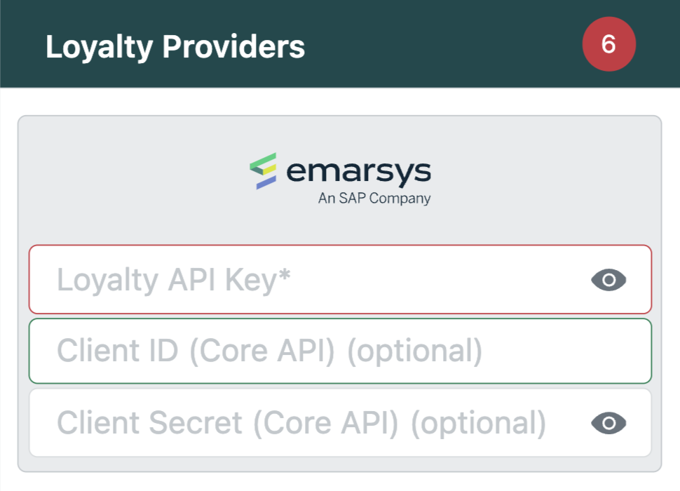 agnoStack Loyalty Providers with Emarsys and the Loyalty API Key, optional Client ID and optional Client Secret fields