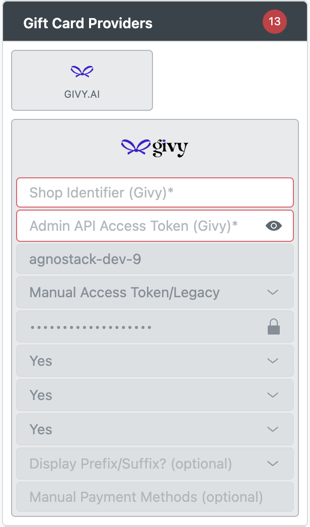agnoStack Gift Card Providers with the Givy Shop Identifier and Admin API Access Token fields above the pre-filled Shopify fields