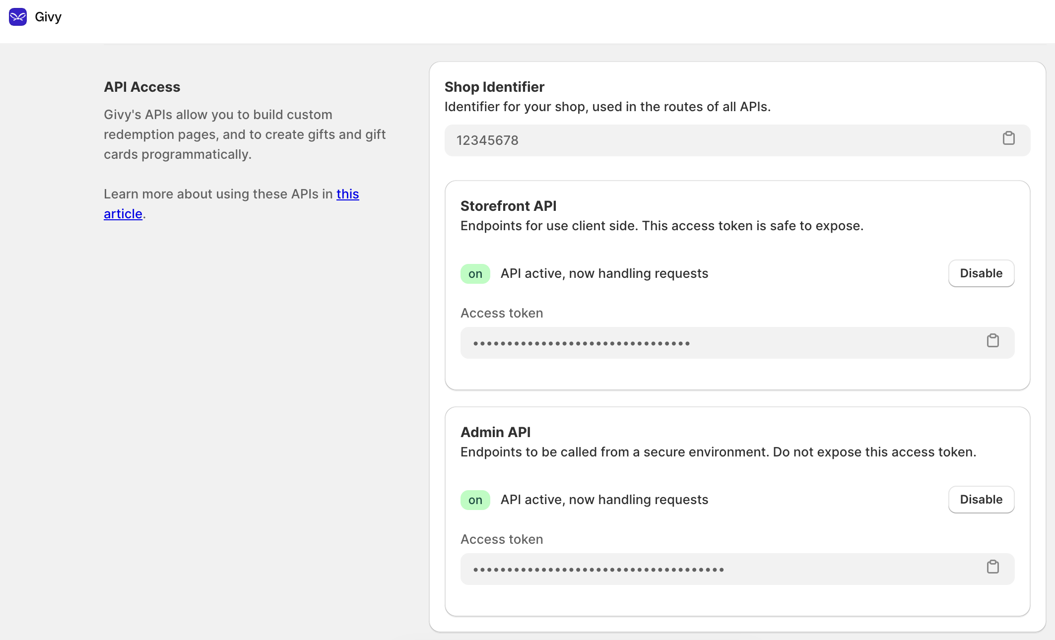 Givy API Access settings with the Shop Identifier and the Admin API access token