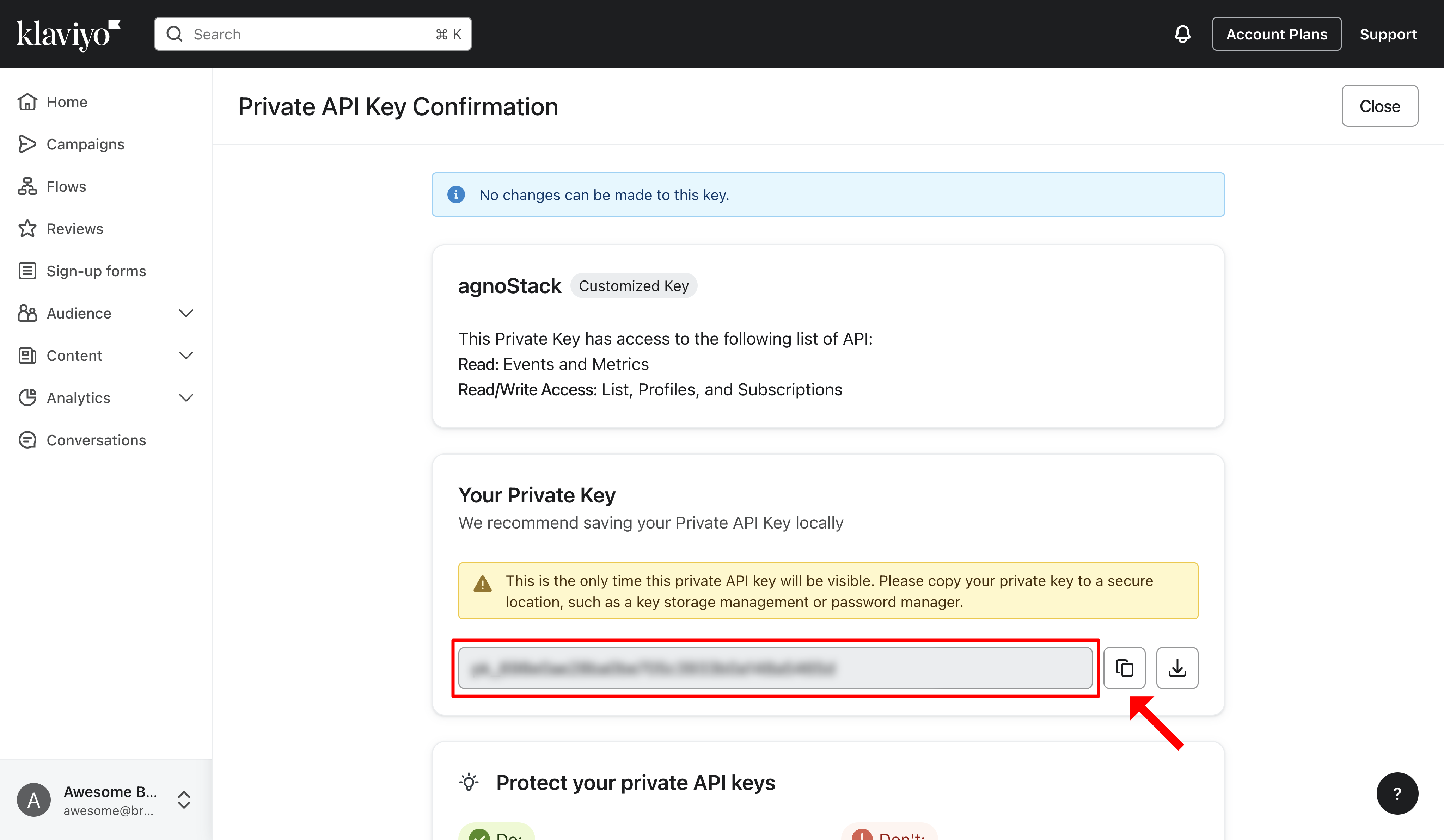 Klaviyo Private API Key confirmation screen with the key to copy