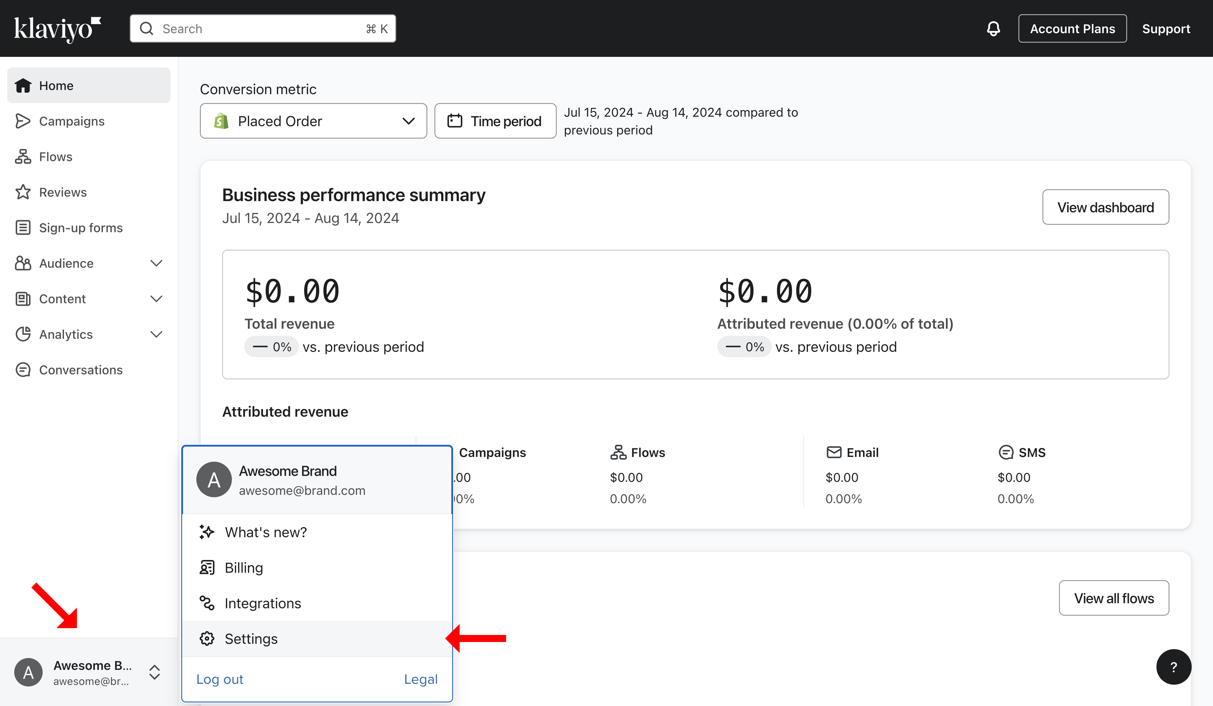 Klaviyo dashboard with the account menu in the lower left