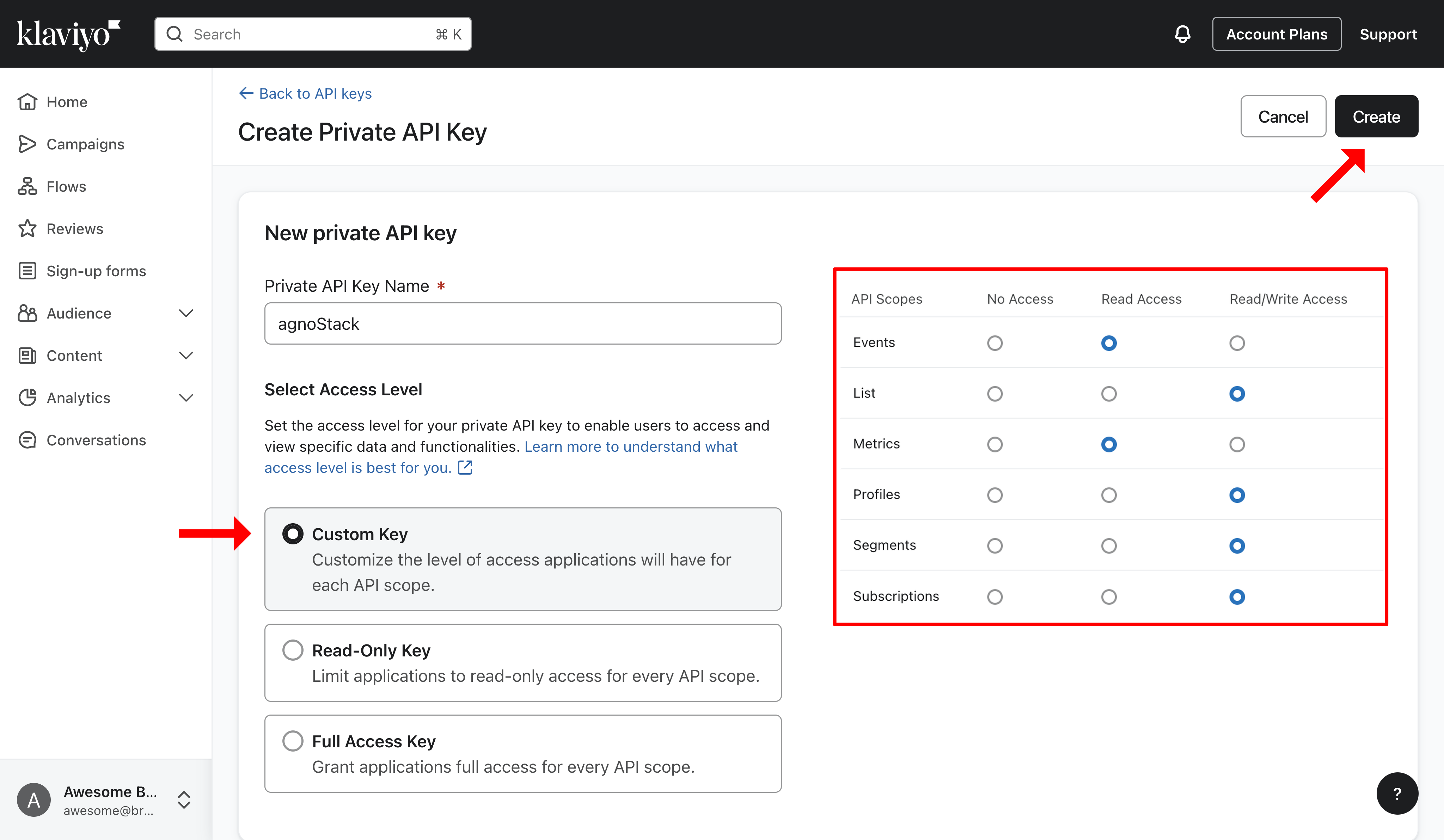 Klaviyo Create Private API Key page with Custom Key selected and the API scopes set