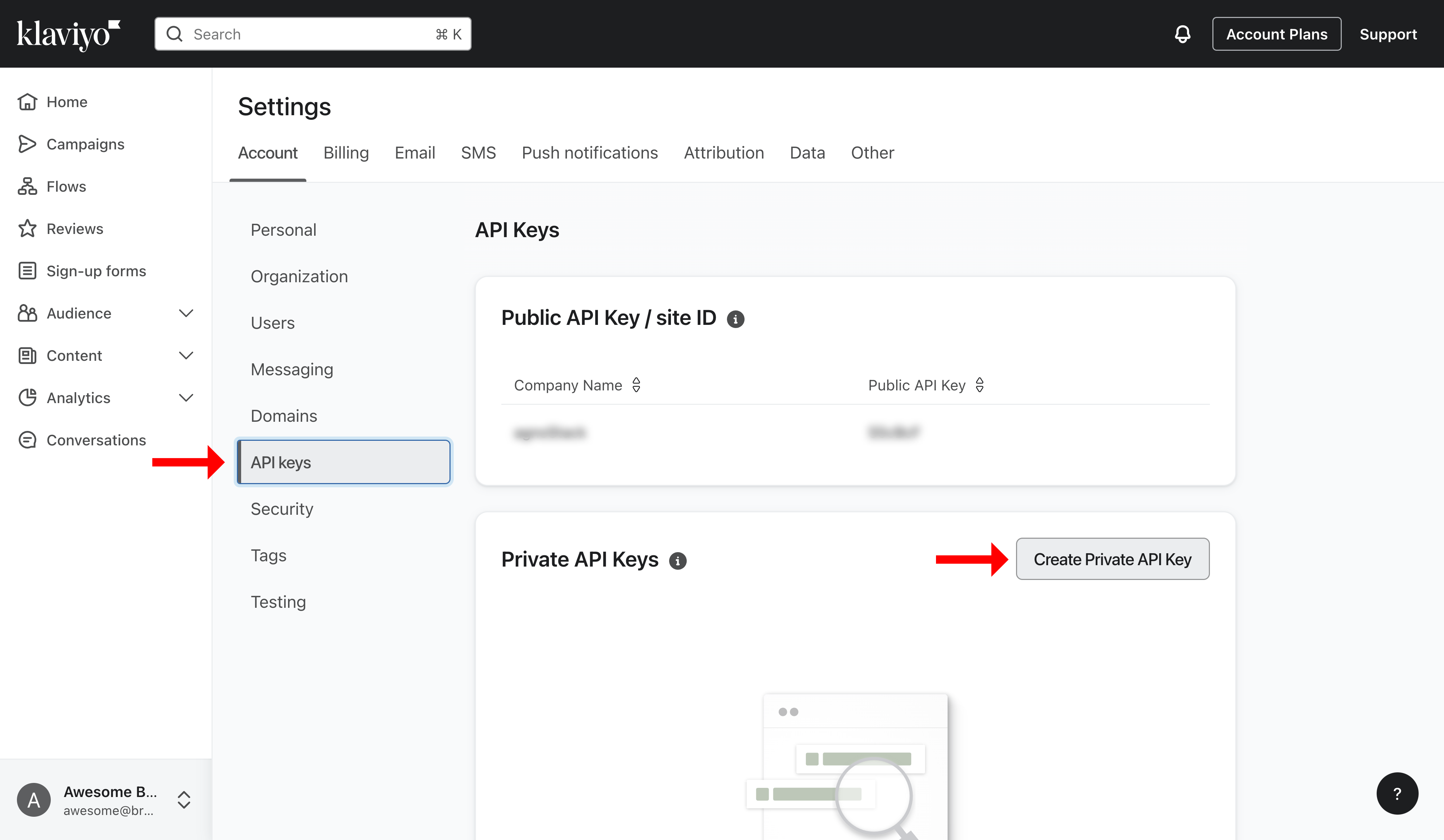 Klaviyo Settings API Keys page with the Create Private API Key button