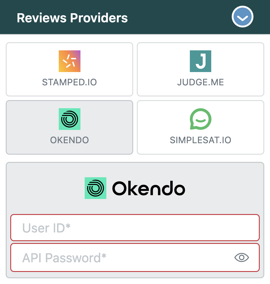 agnoStack Reviews Providers with Okendo selected and its User ID and API Password fields