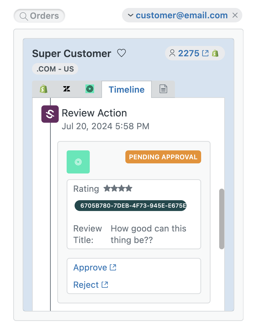 Okendo review events in the agnoStack Customer Timeline