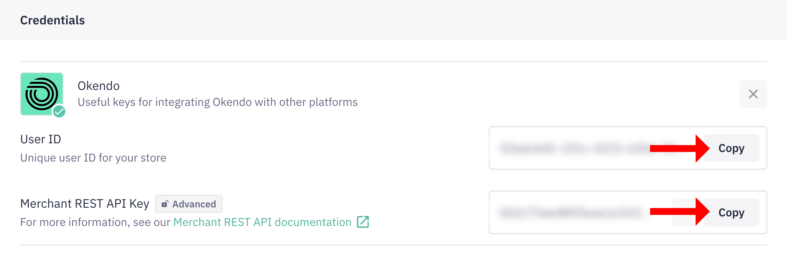 Okendo Credentials with the User ID and Merchant REST API Key copy buttons