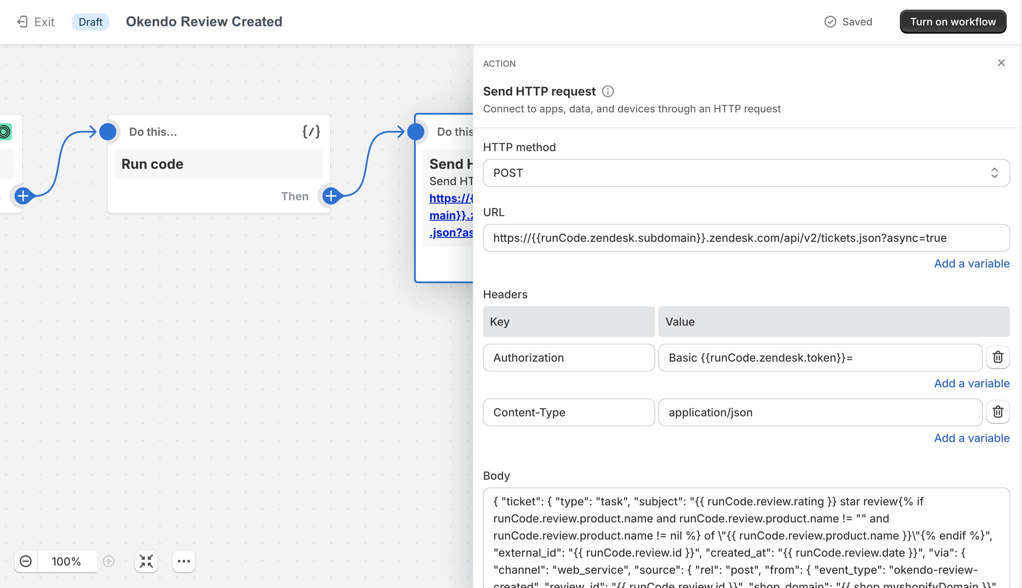 Shopify Flow Send HTTP request configuration