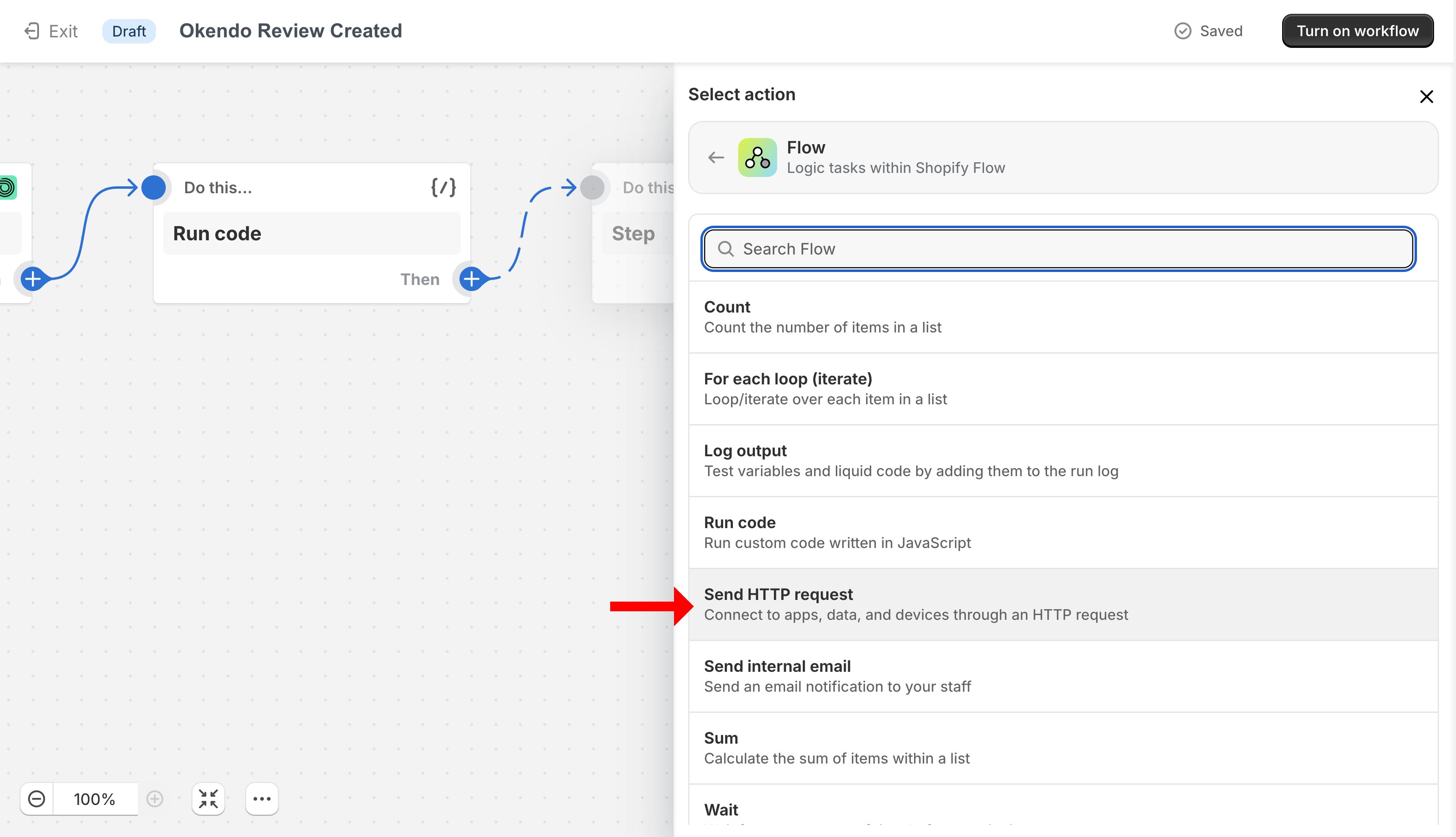Shopify Flow adding a Send HTTP request action