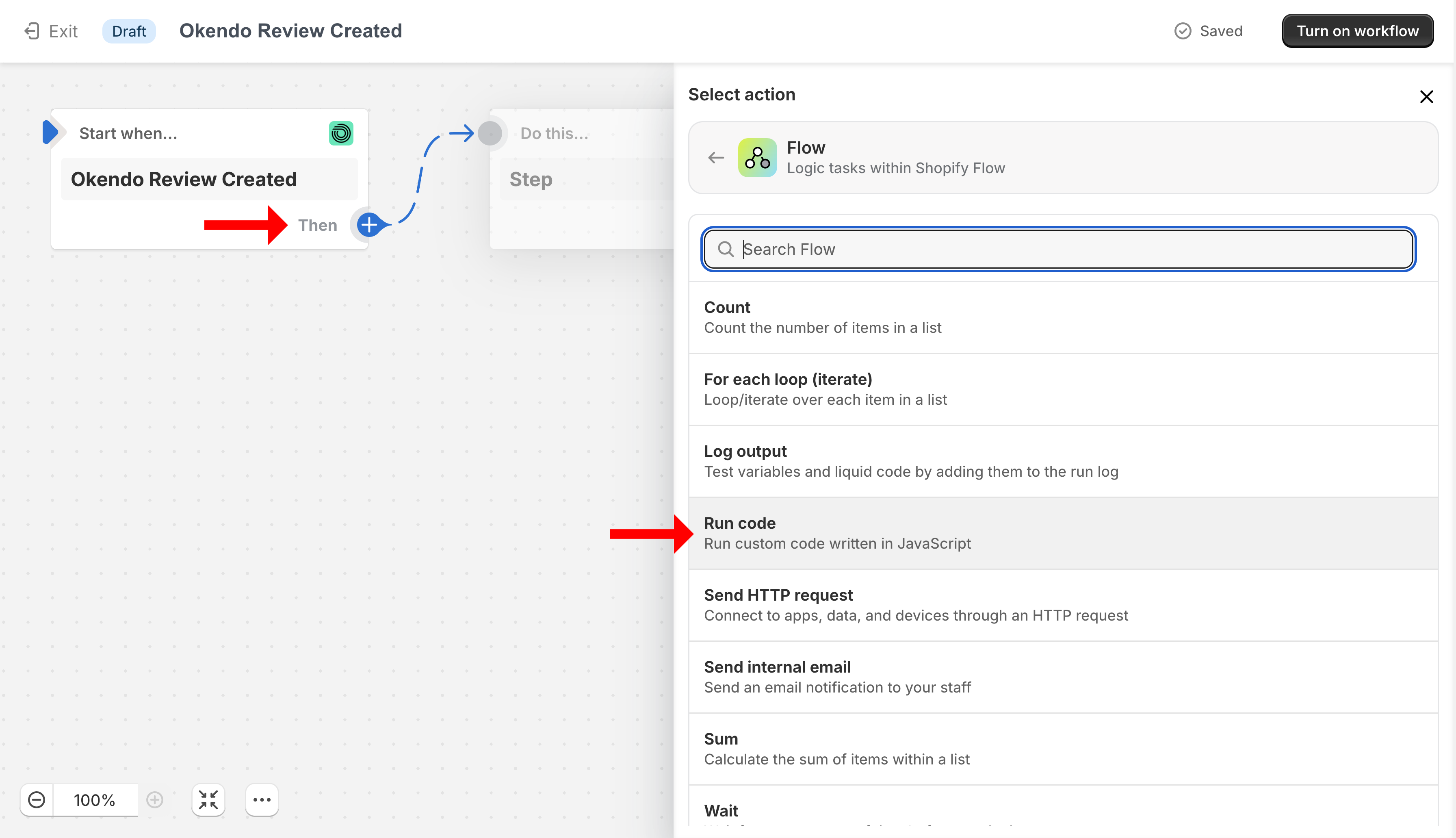 Shopify Flow adding a Run code action