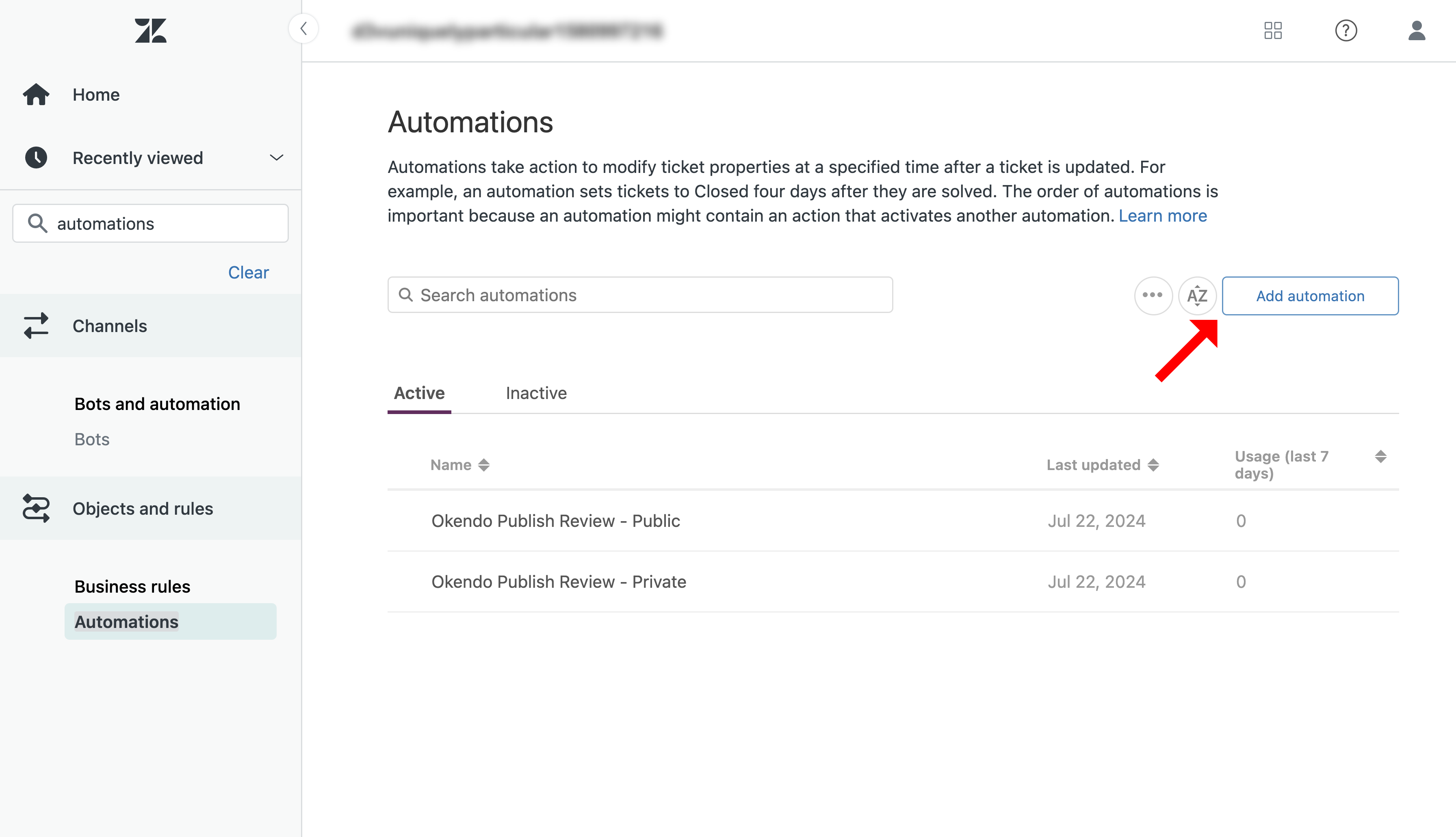 Zendesk Automations with the Add automation button