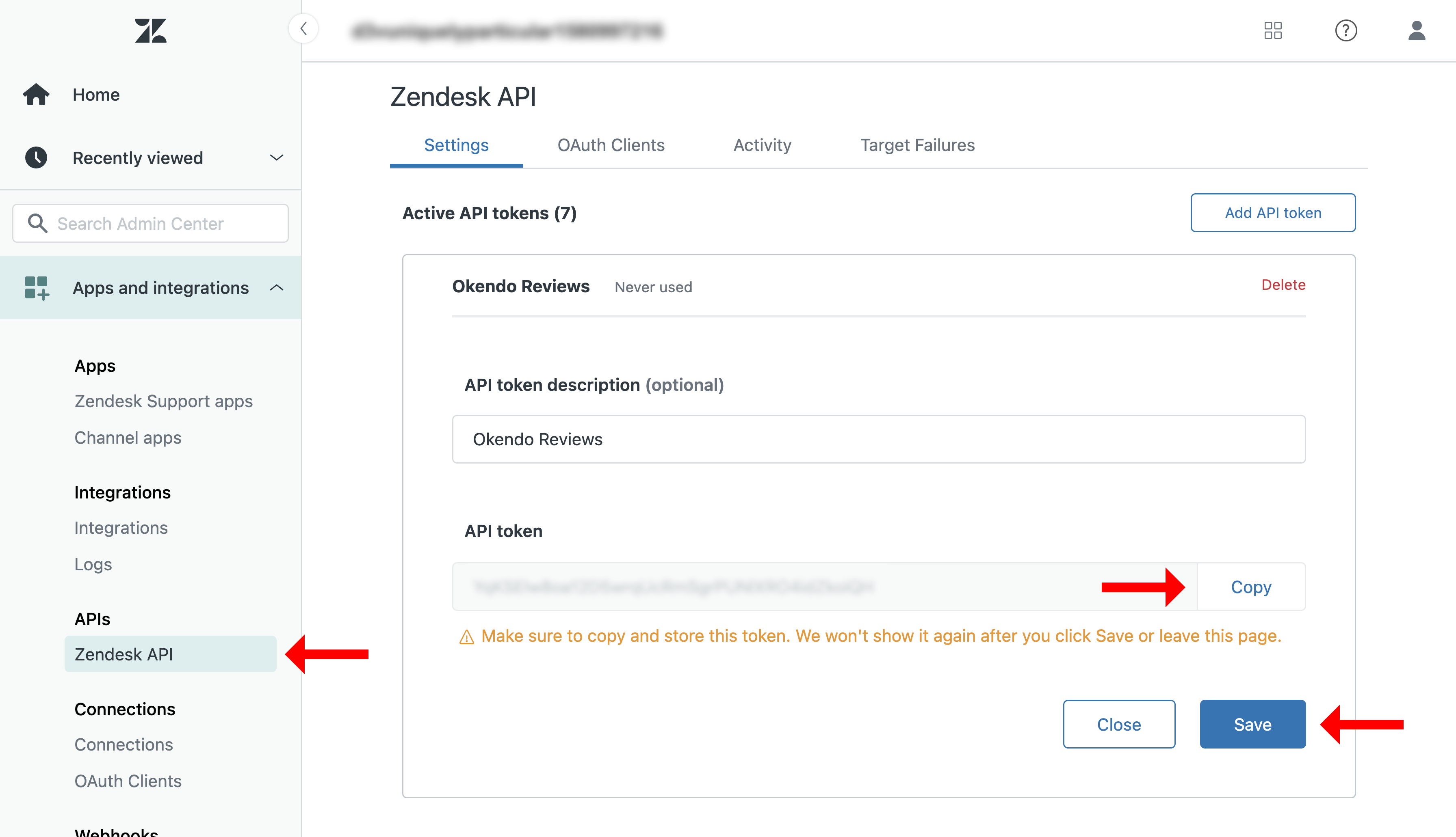 Zendesk Admin Center adding an API token