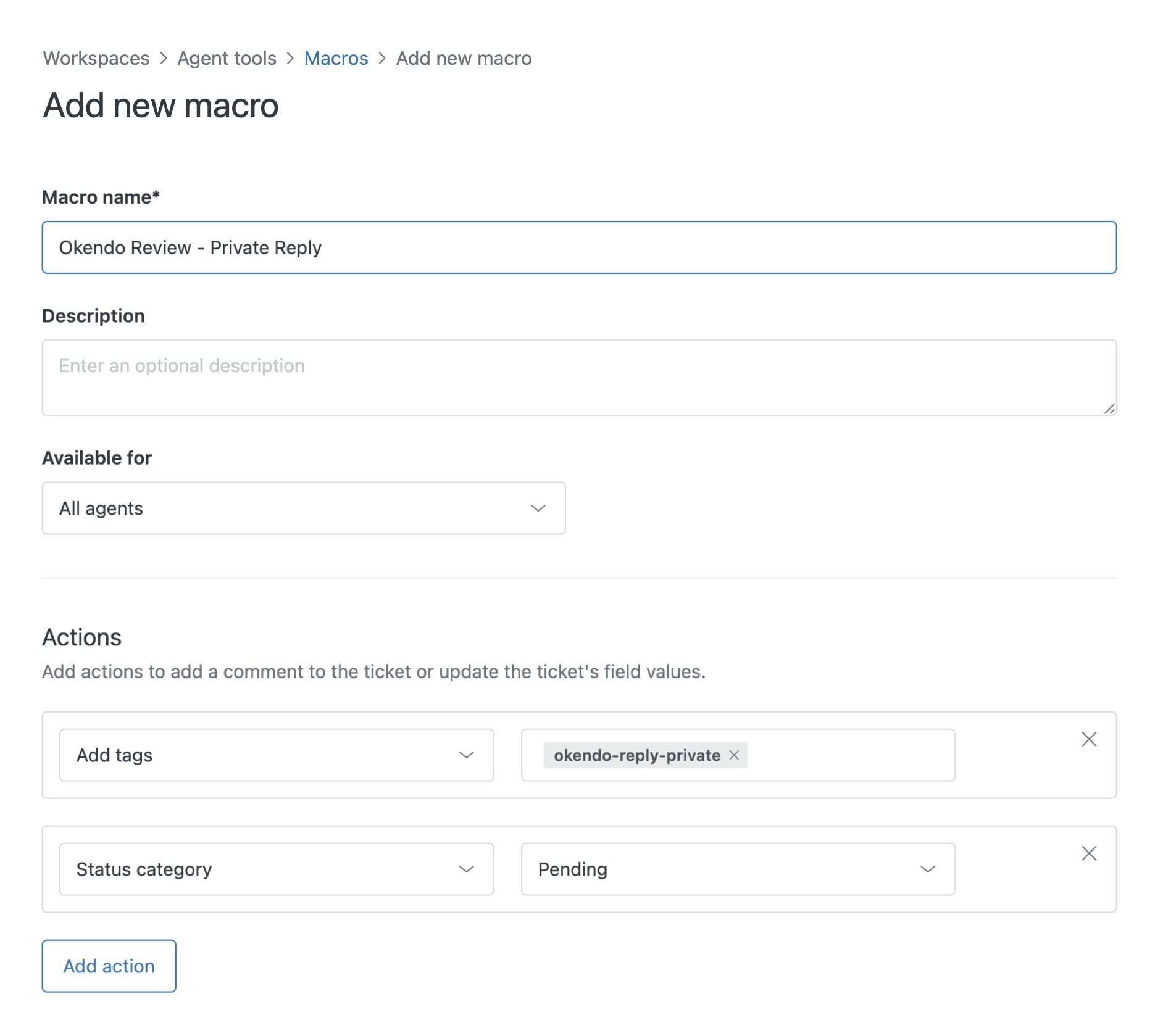 Zendesk macro for an Okendo Review private reply