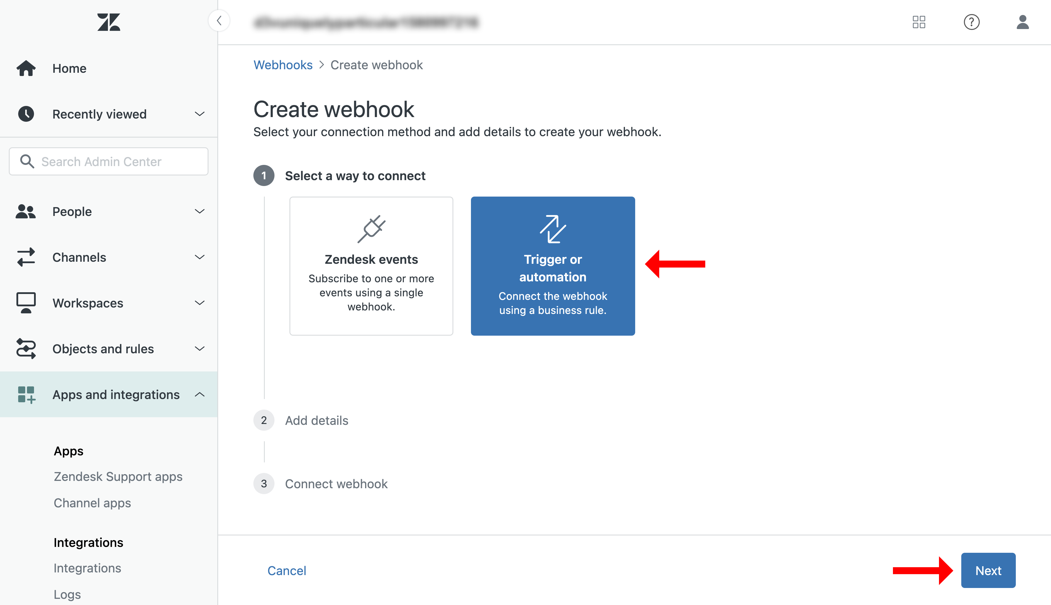 Zendesk webhook creation with Trigger or automation selected