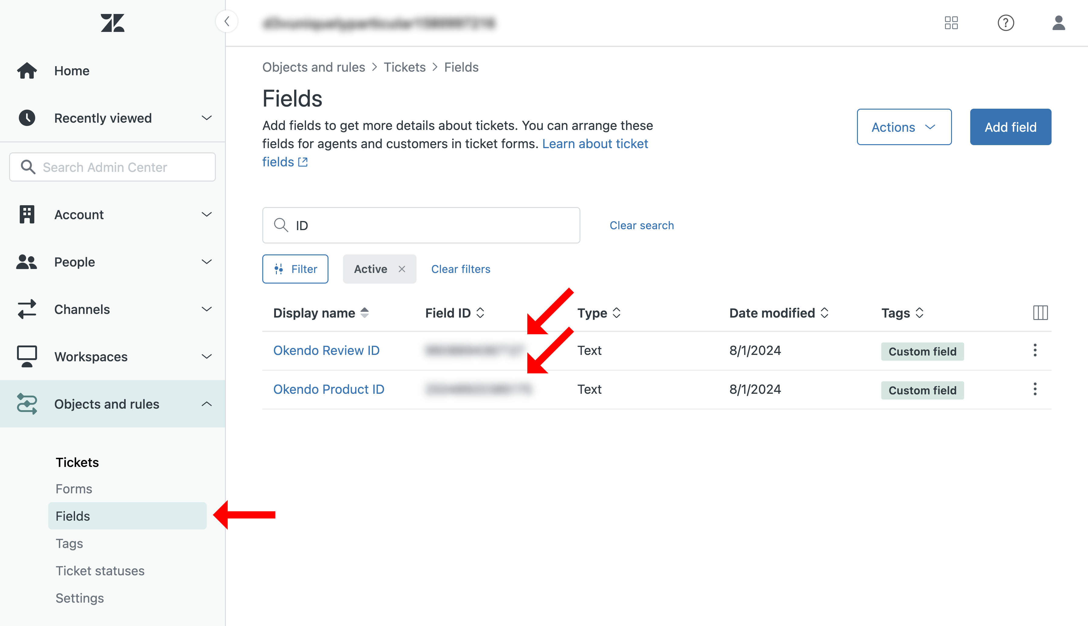 Zendesk ticket fields with the Okendo Review ID and Okendo Product ID fields