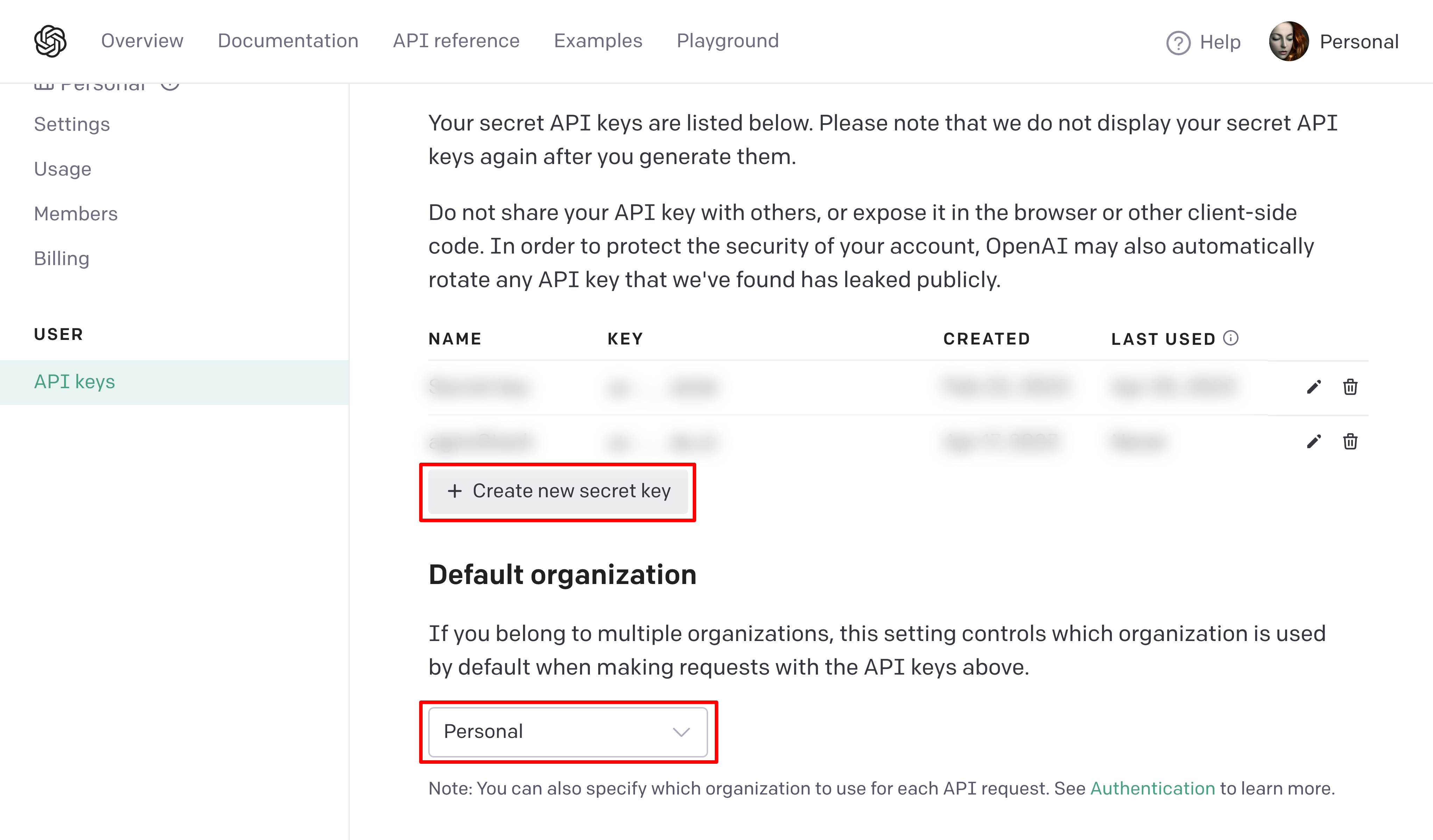 OpenAI API keys page with the Create new secret key button