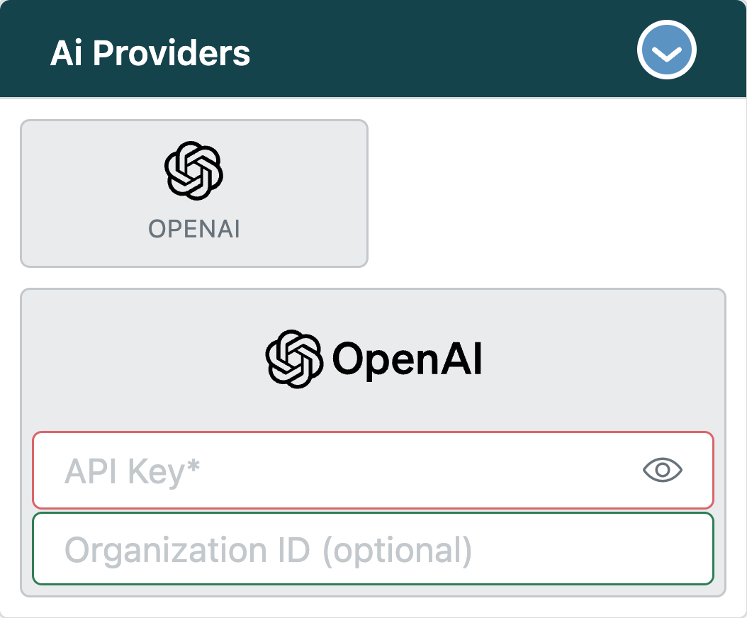agnoStack AI Providers with OpenAI selected and the API Key and optional Organization ID fields
