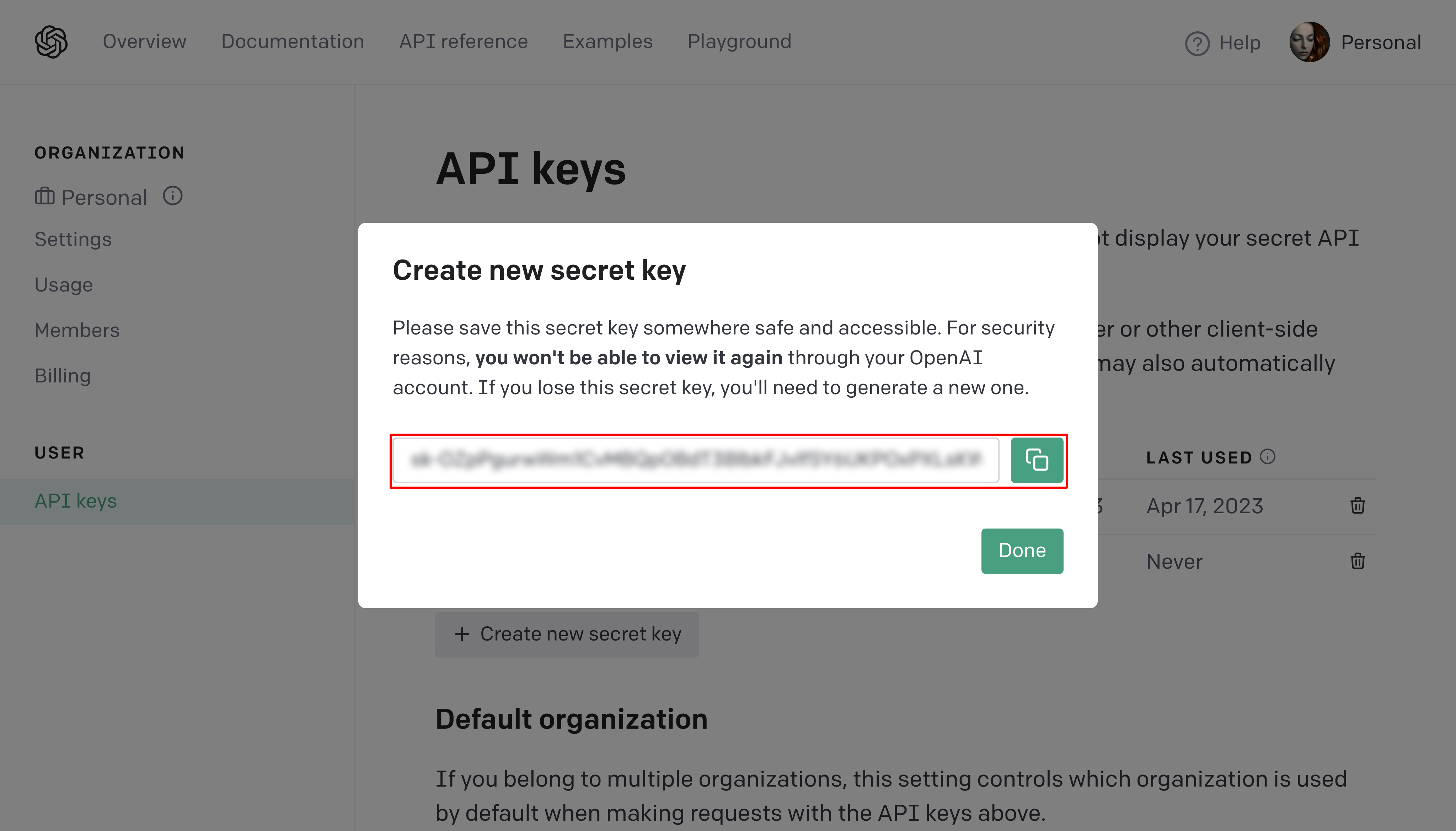OpenAI dialog showing the new secret key to copy