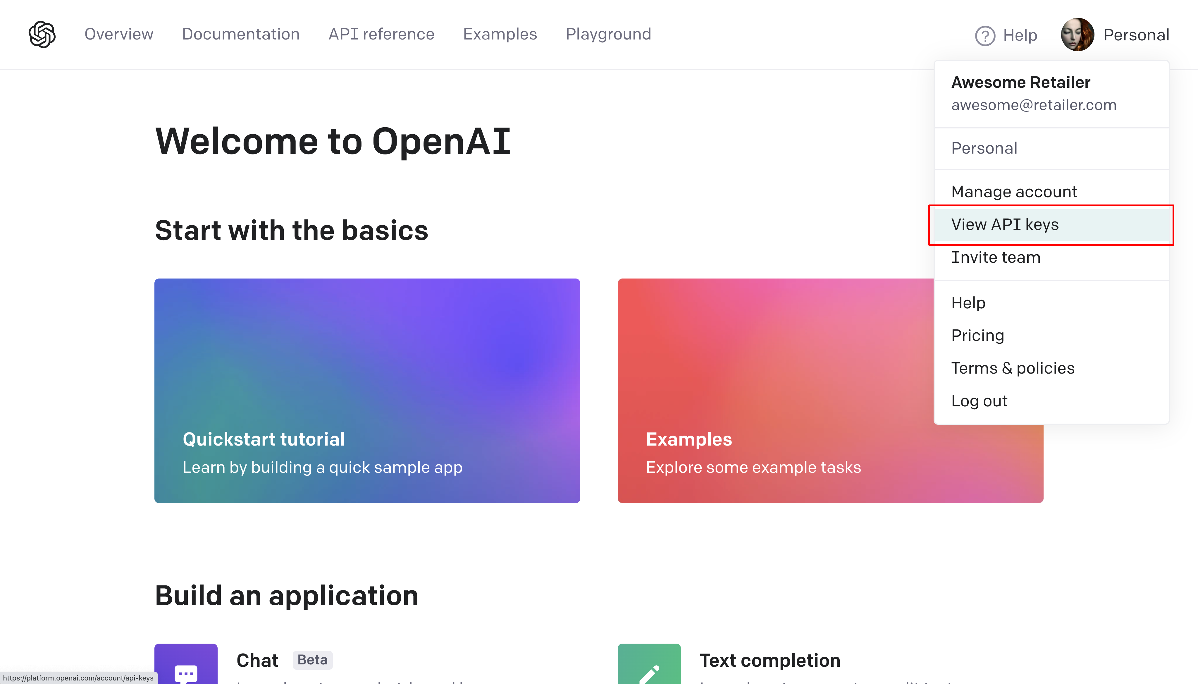 OpenAI dashboard with the profile menu open