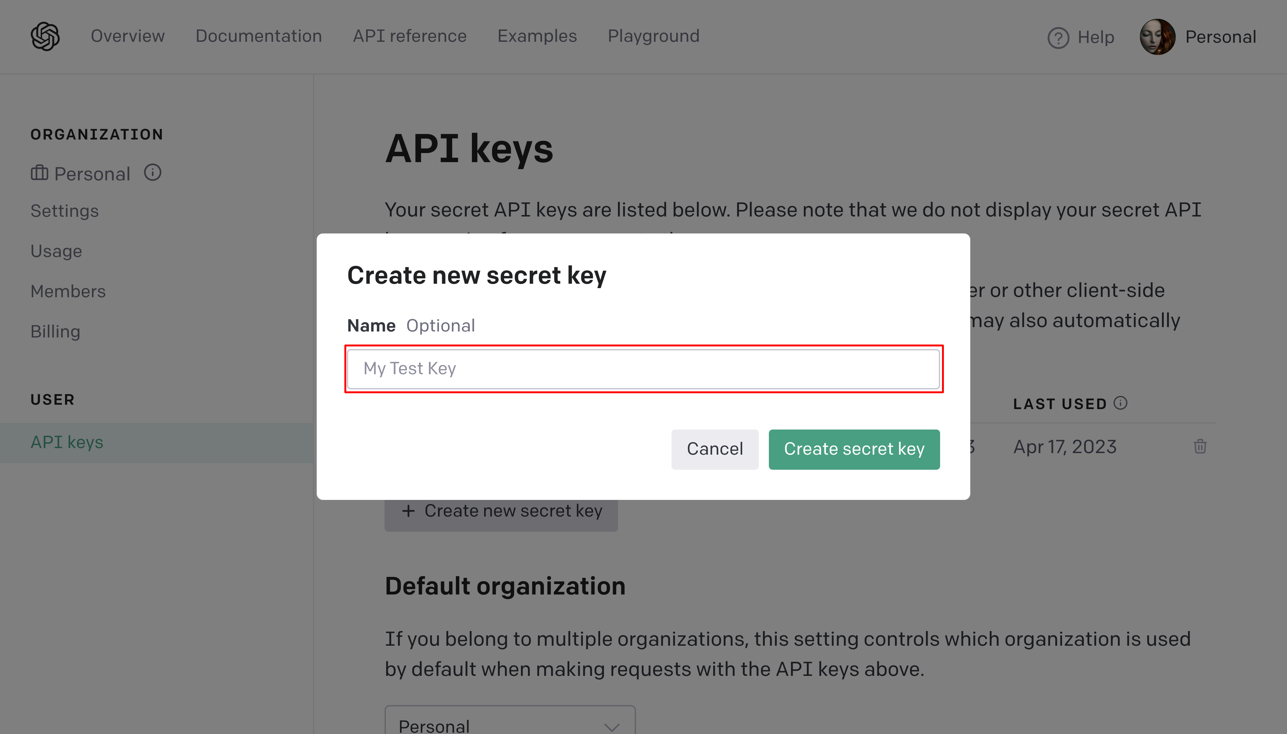OpenAI Create new secret key dialog