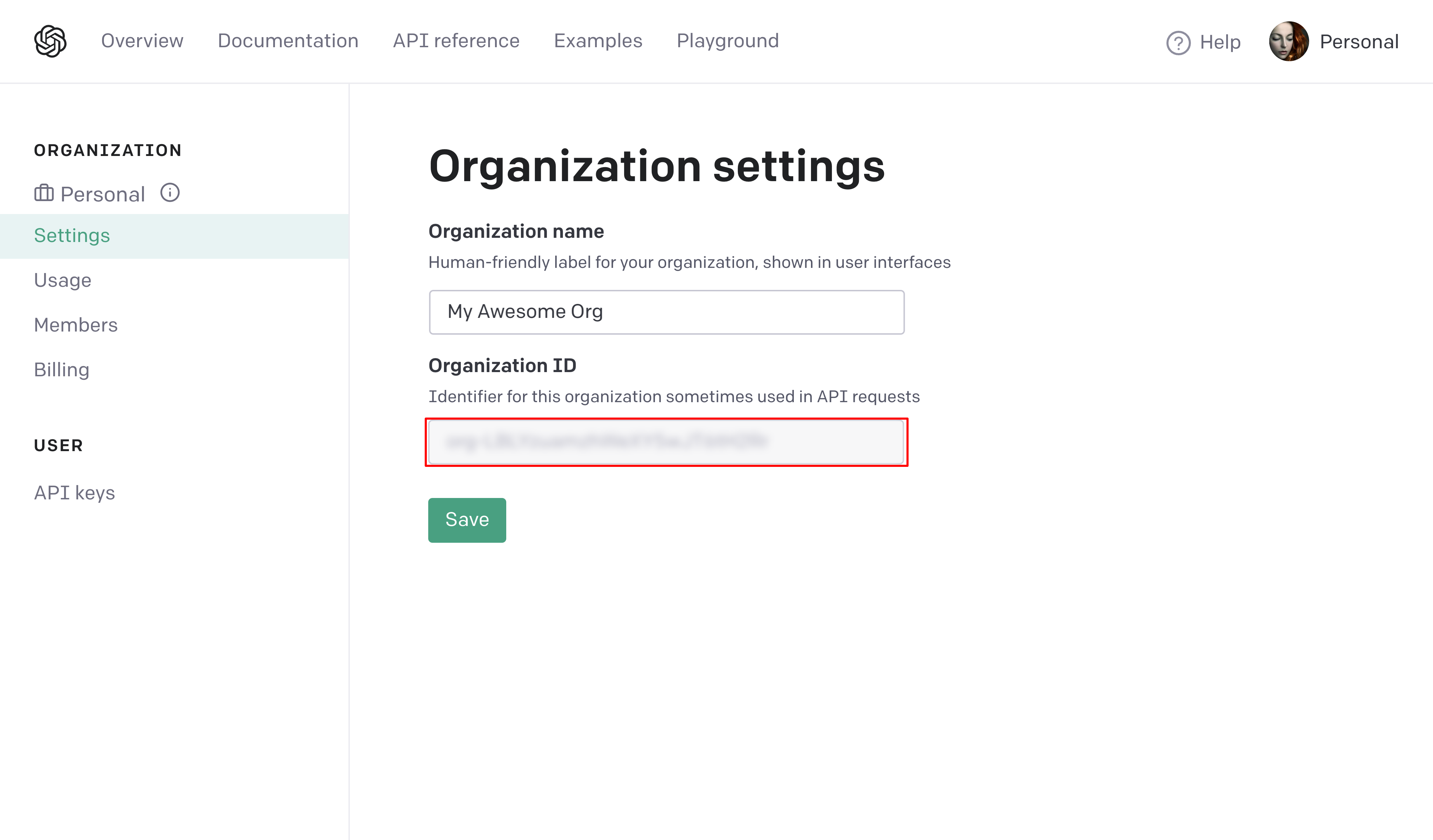 OpenAI Organization Settings with the Organization ID