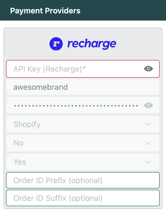 agnoStack Payment Providers with the Recharge API Key field