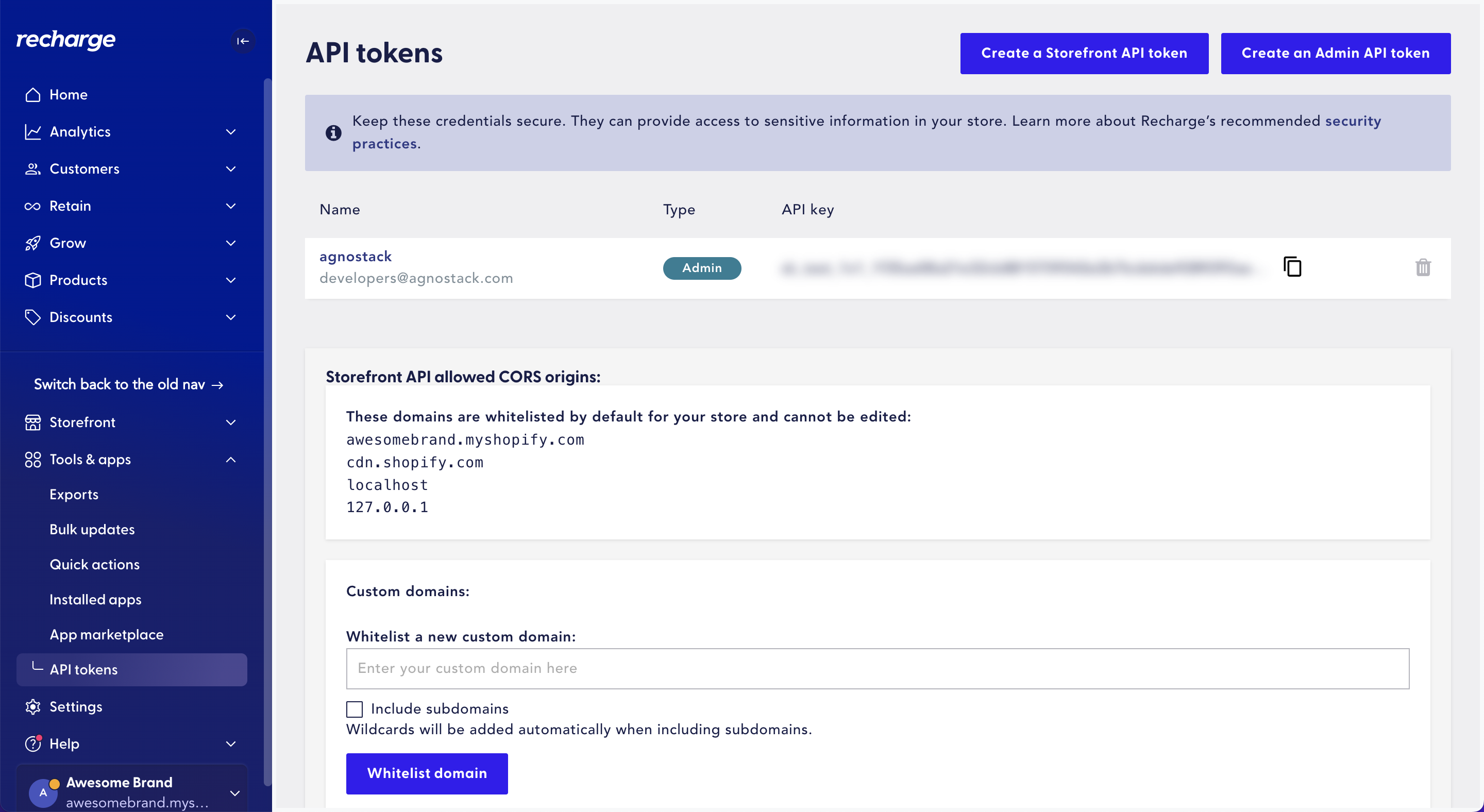 Recharge API Tokens page with the API key to copy