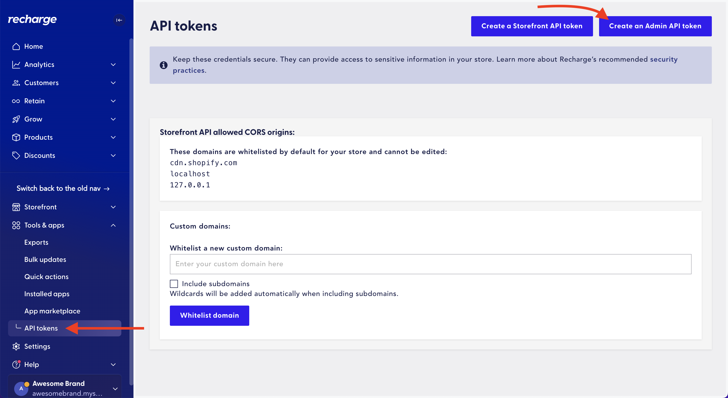 Recharge admin API tokens page