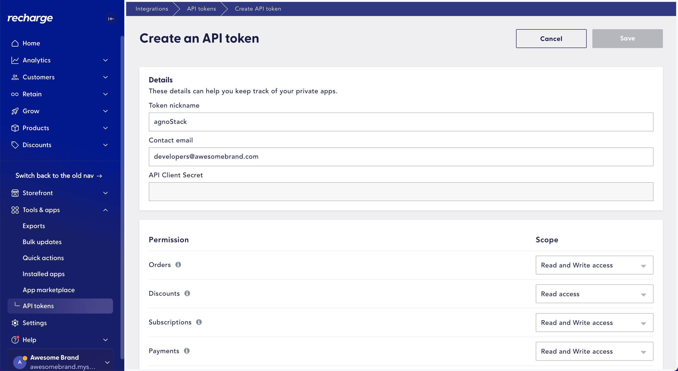 Recharge Create an API token page with the Token nickname and email fields