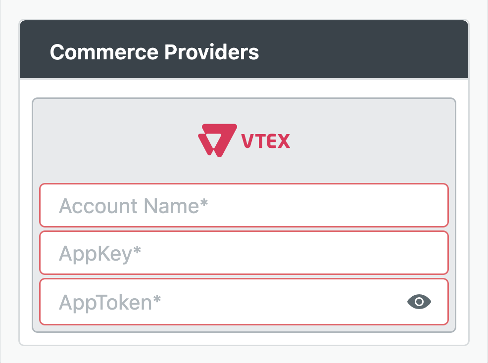 agnoStack configuration for VTEX with Account Name, AppKey and AppToken fields