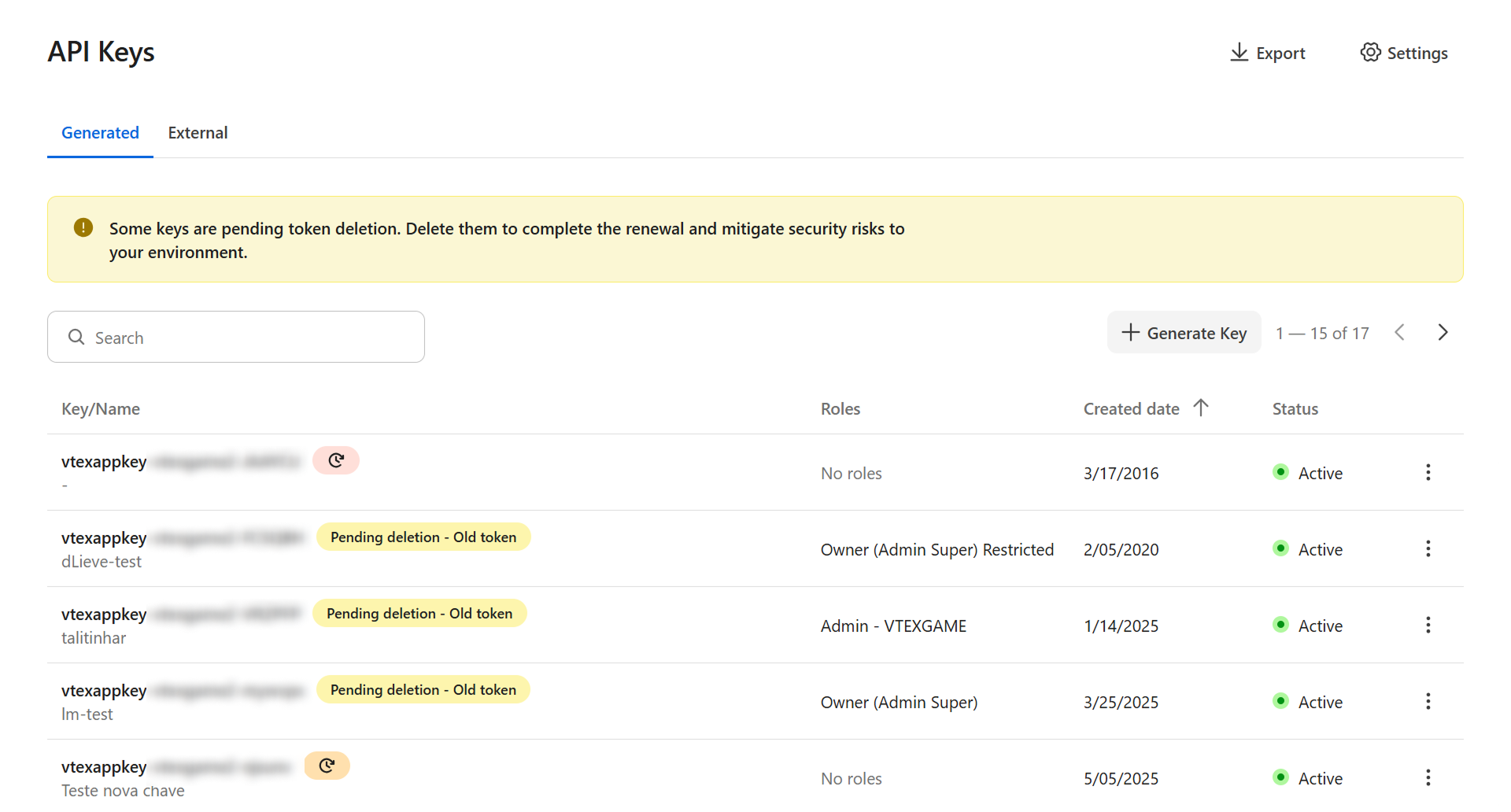 VTEX Admin API Keys page with the Generate Key button
