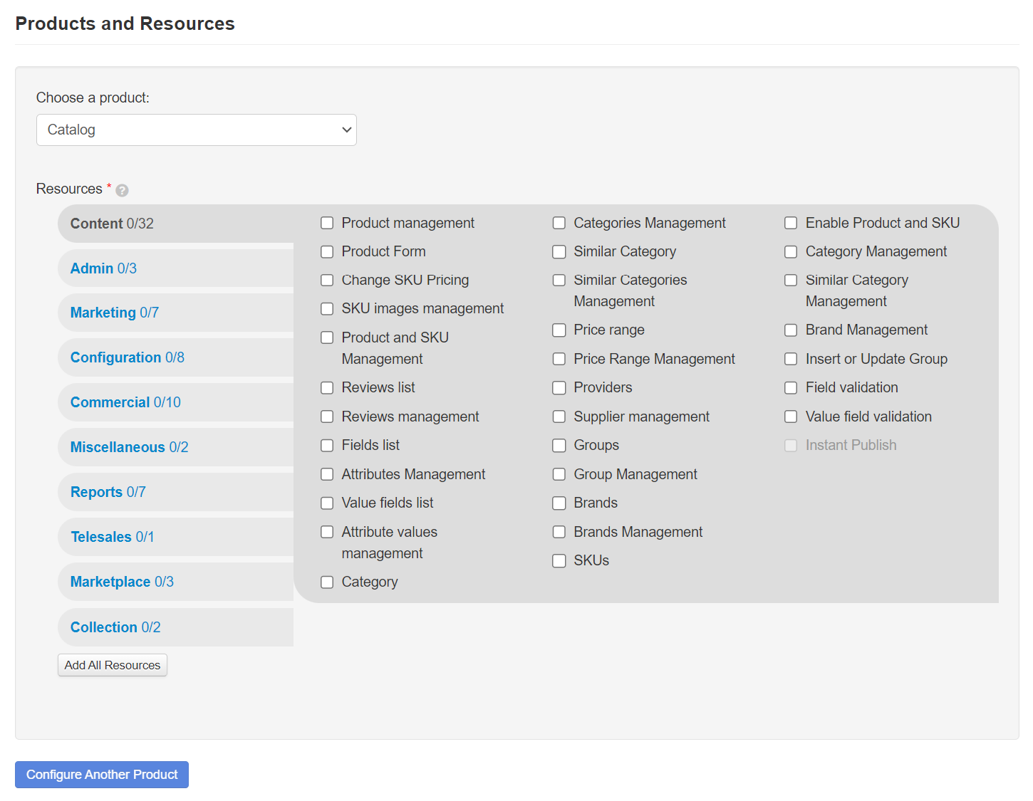 VTEX Products and Resources selection for a custom role
